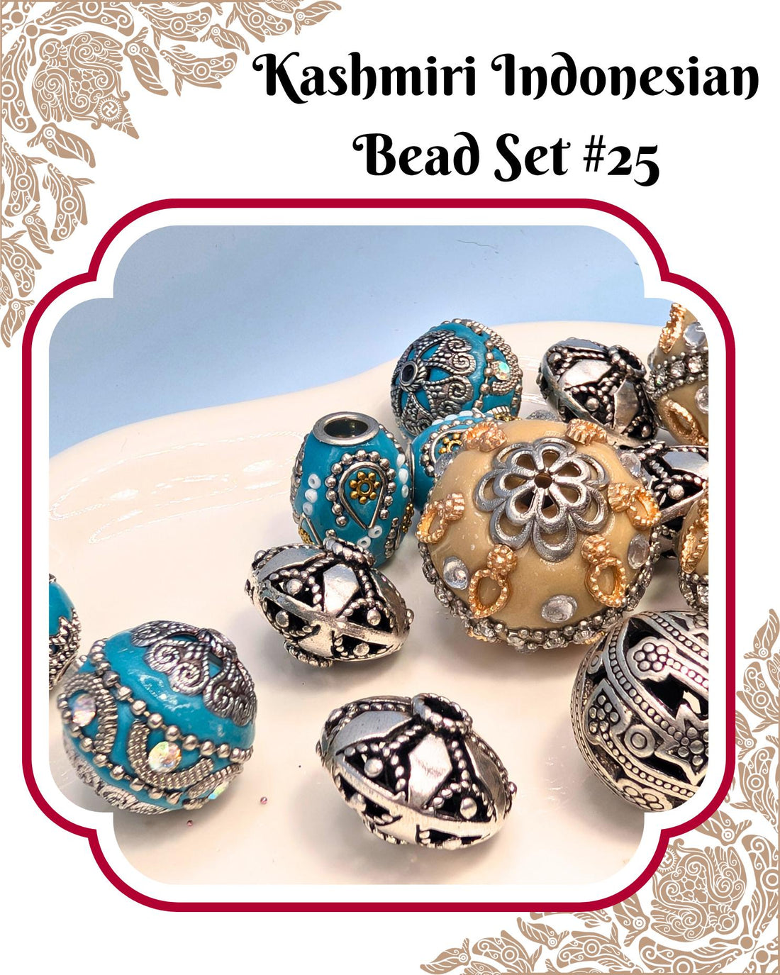 a collection of ornate, decorative beads and beads with intricate designs, including blue and silver elements.