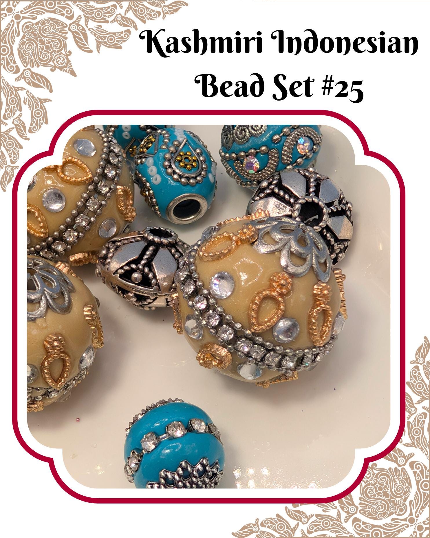 A collection of ornate, colorful beads in shades of blue, gold, and silver, arranged in a decorative manner.