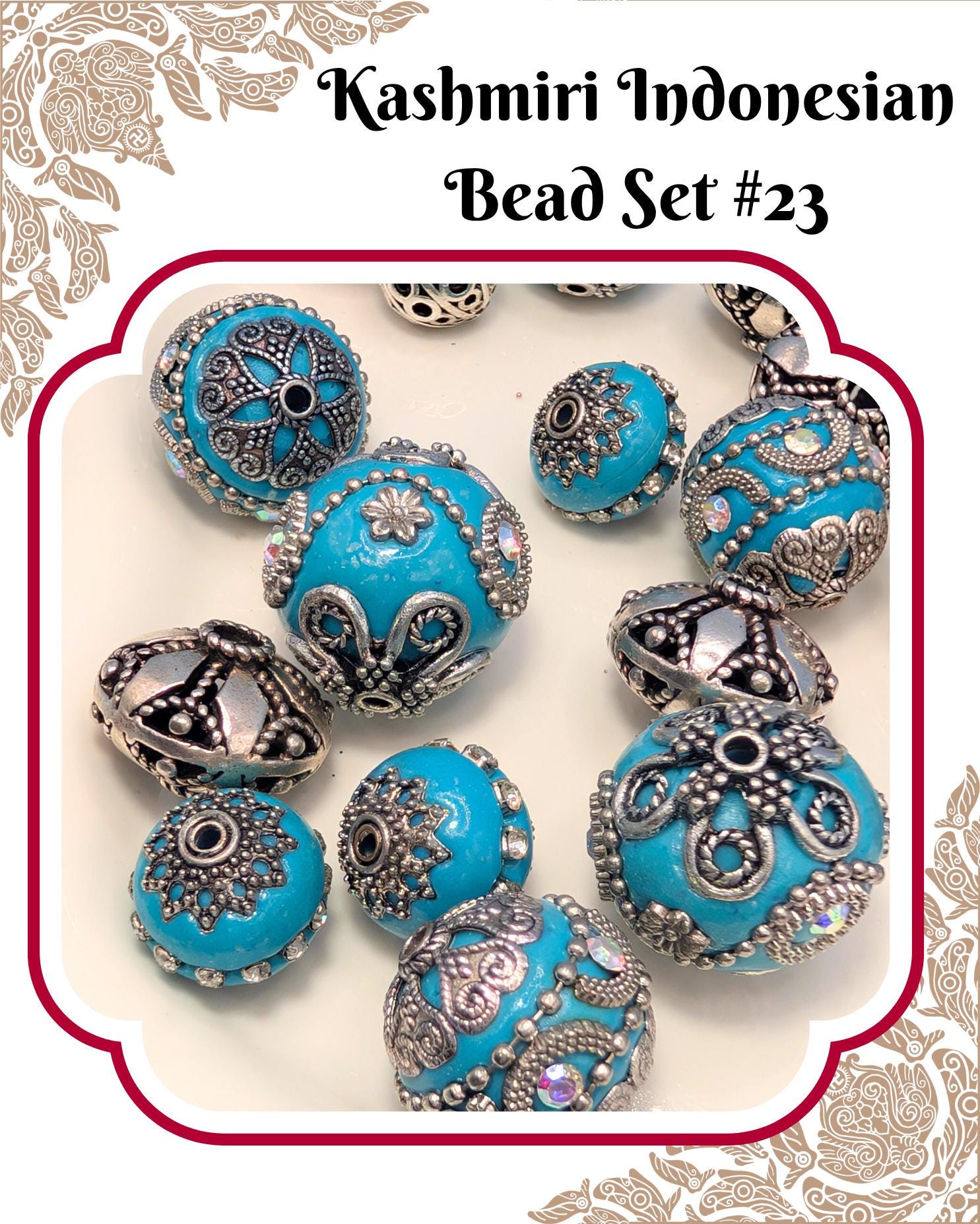 a collection of turquoise beads with intricate metal designs, including round and oval shapes, arranged on a white background.