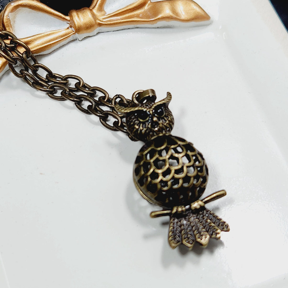 A close-up view of a decorative metal piece, possibly a necklace or bracelet, with a chain and a small, ornate pendant or charm.