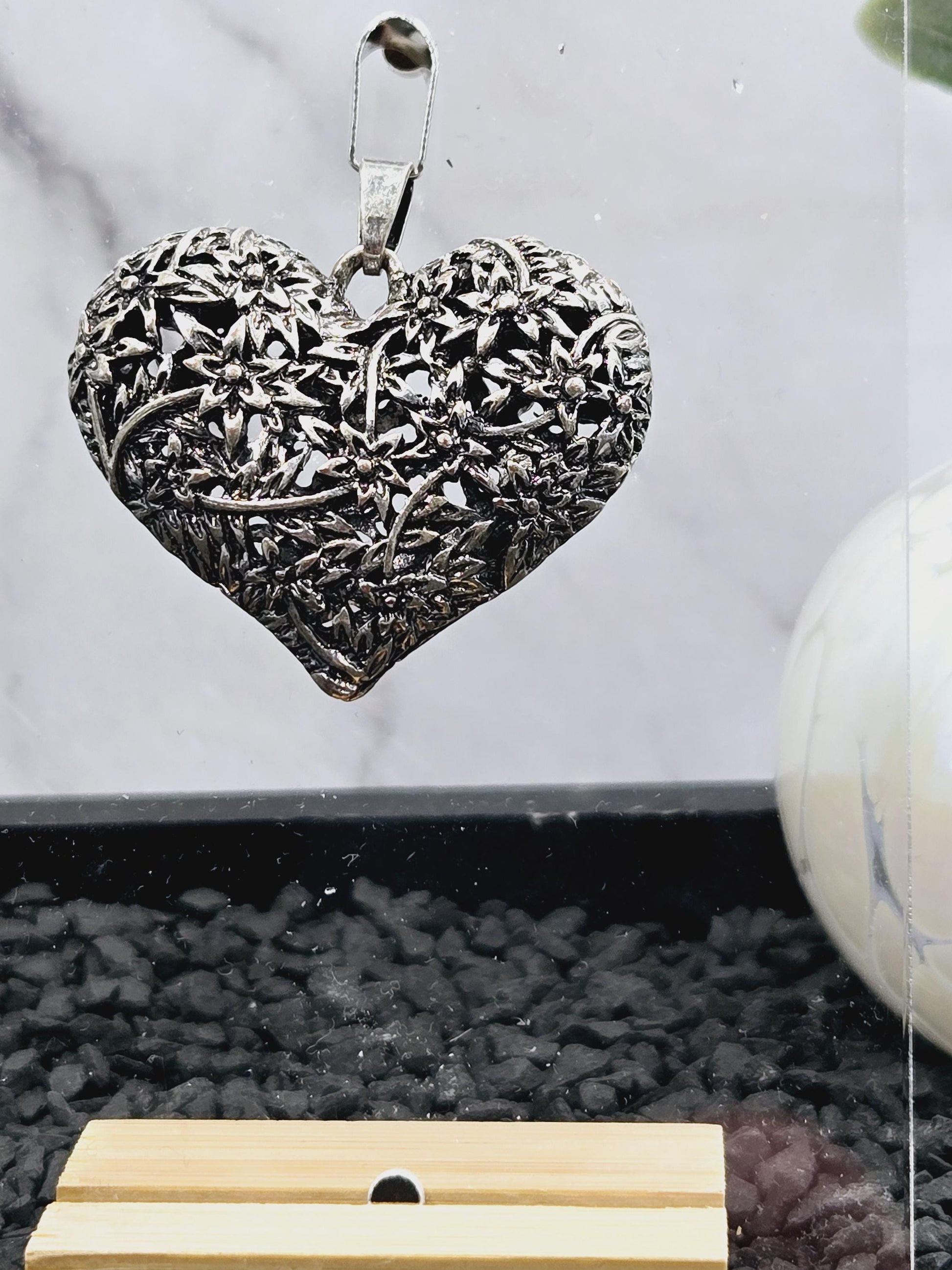 Heart Pendant Charm: Silver Floral Design - Gothic Vintage Style