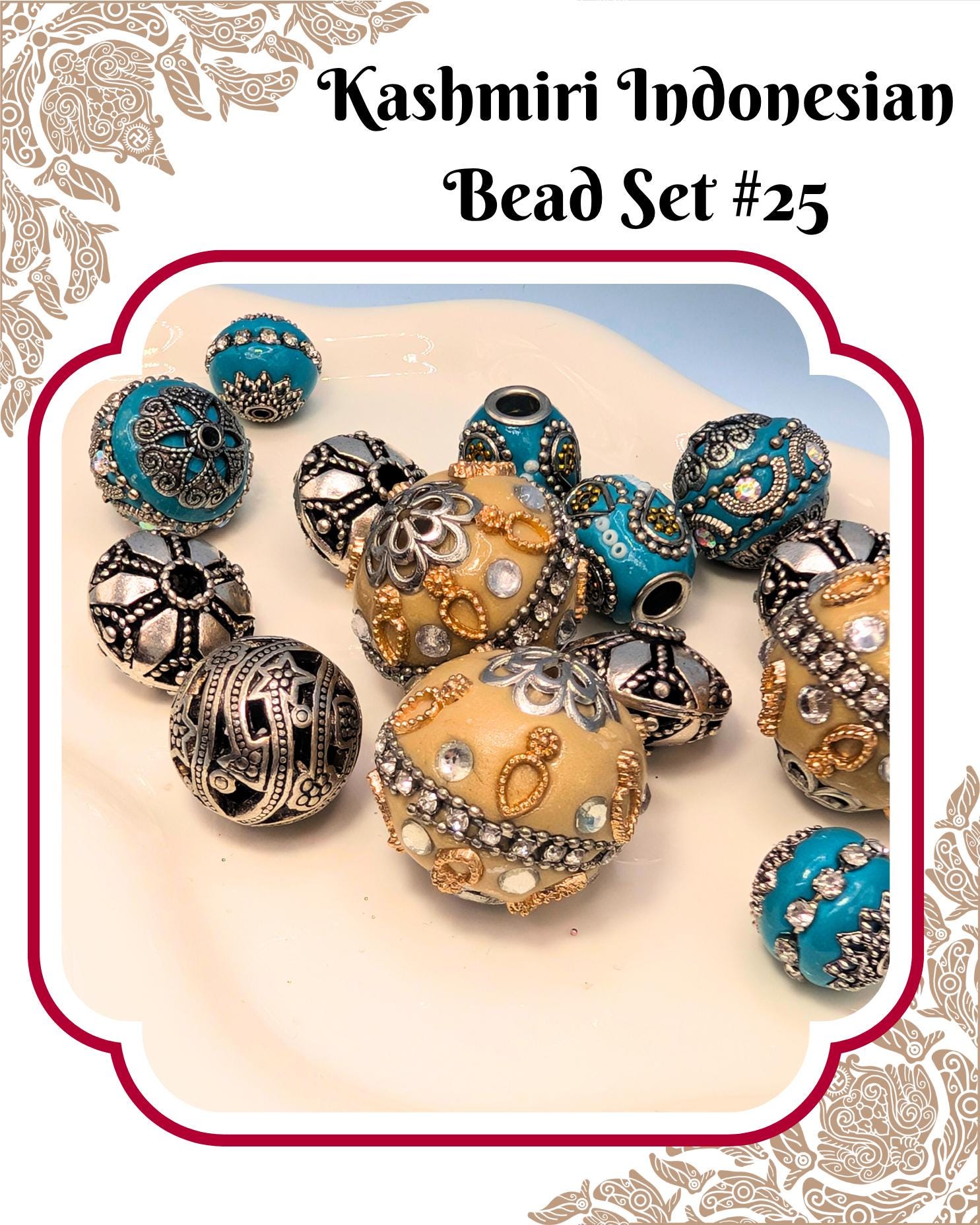 A collection of colorful and intricately designed beads, including turquoise, gold, and silver beads, arranged on a white surface.