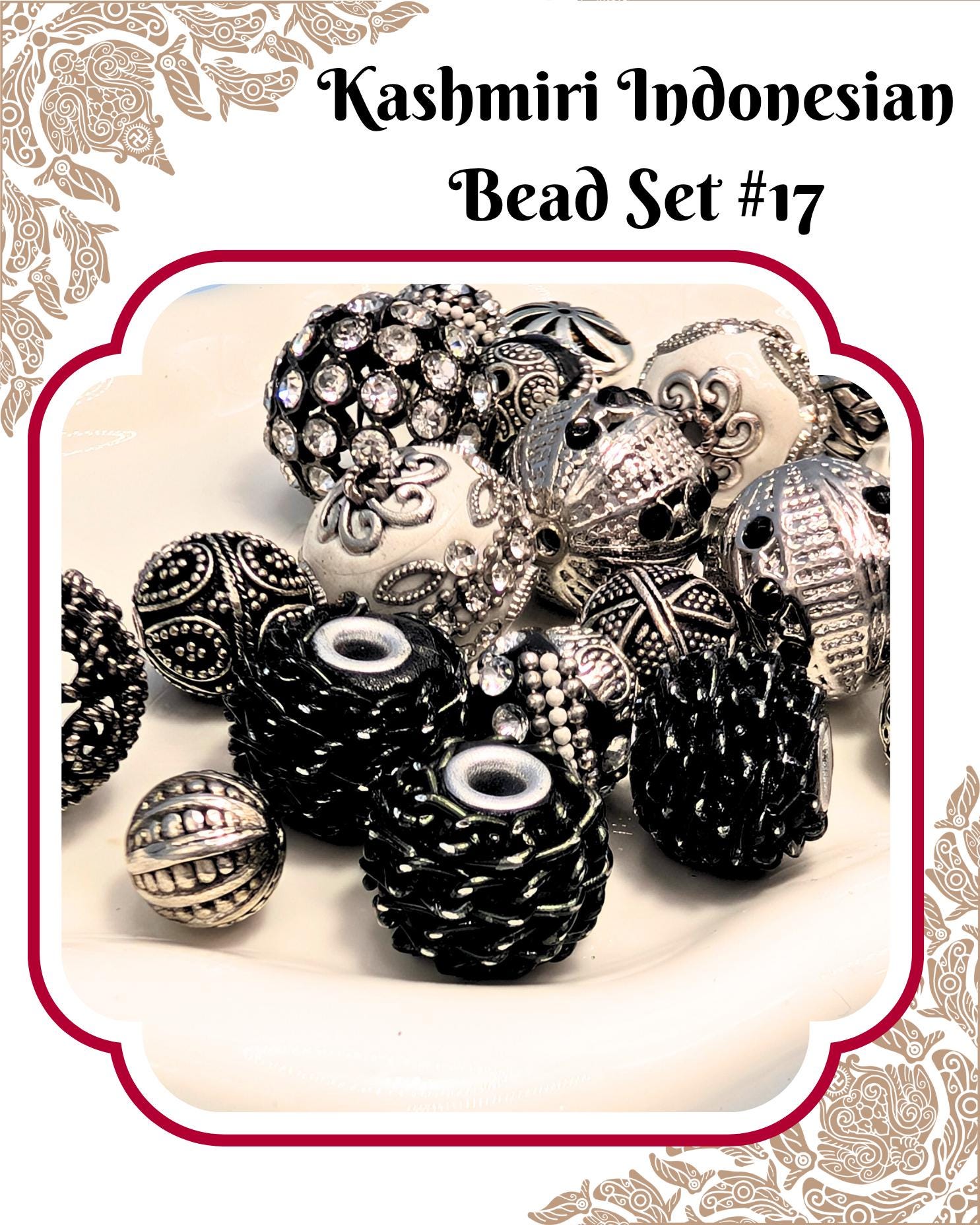 a collection of various beads, including black and silver beads, arranged on a white surface. The beads appear to be part of a bead set, as indicated by the text "Kashmiri Indonesian Bead Set #17".