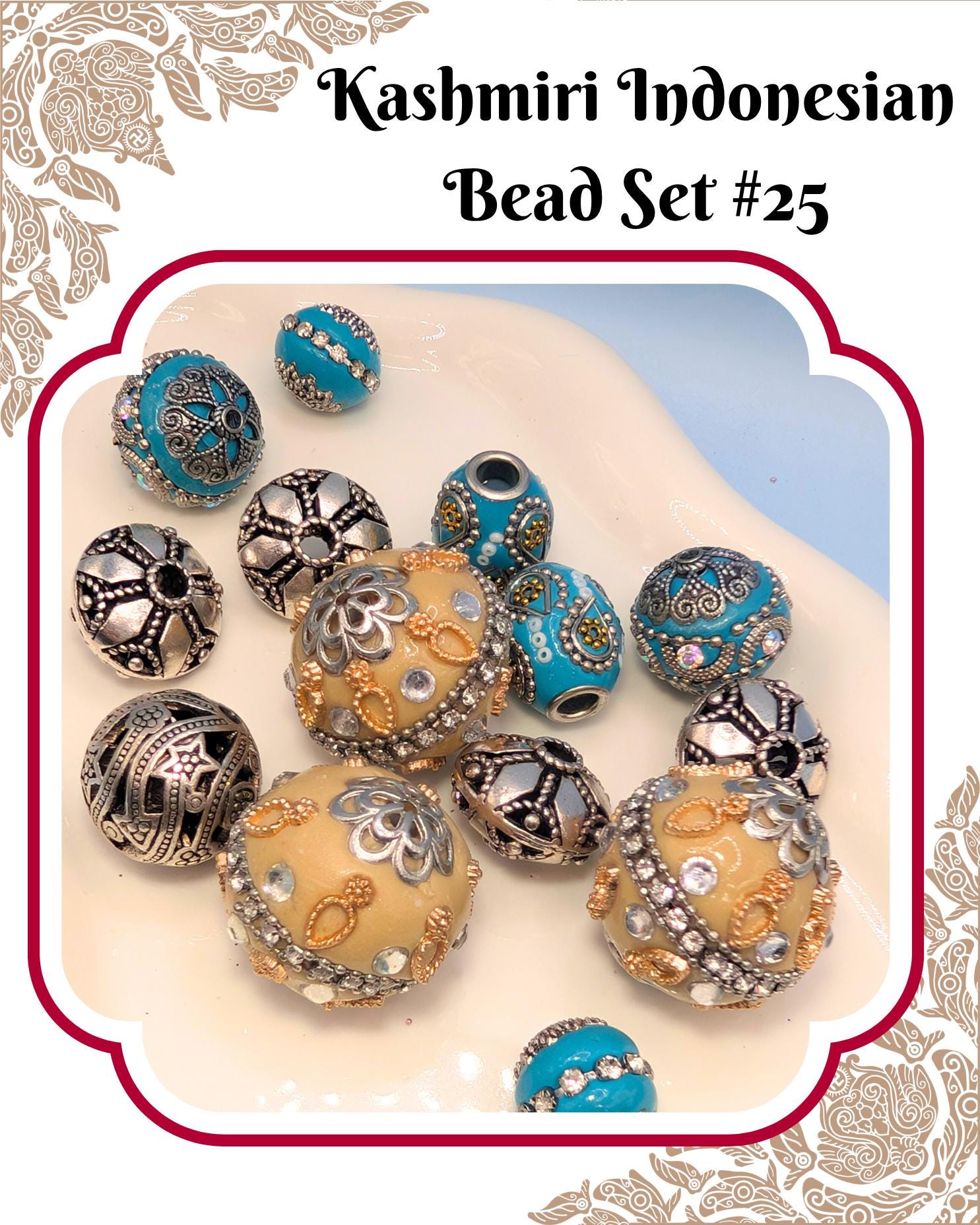 A collection of colorful beads, including turquoise, gold, silver, and blue, arranged on a white surface.