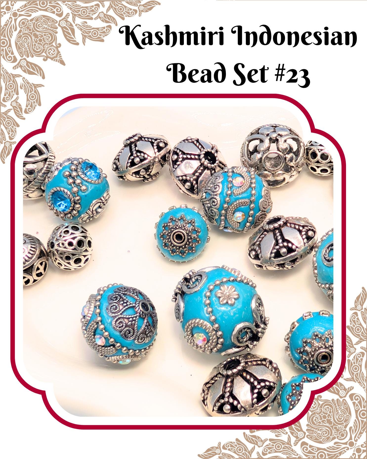 a collection of ornate, turquoise-colored beads and metal pieces, including various shapes and designs, arranged in a visually appealing manner.
