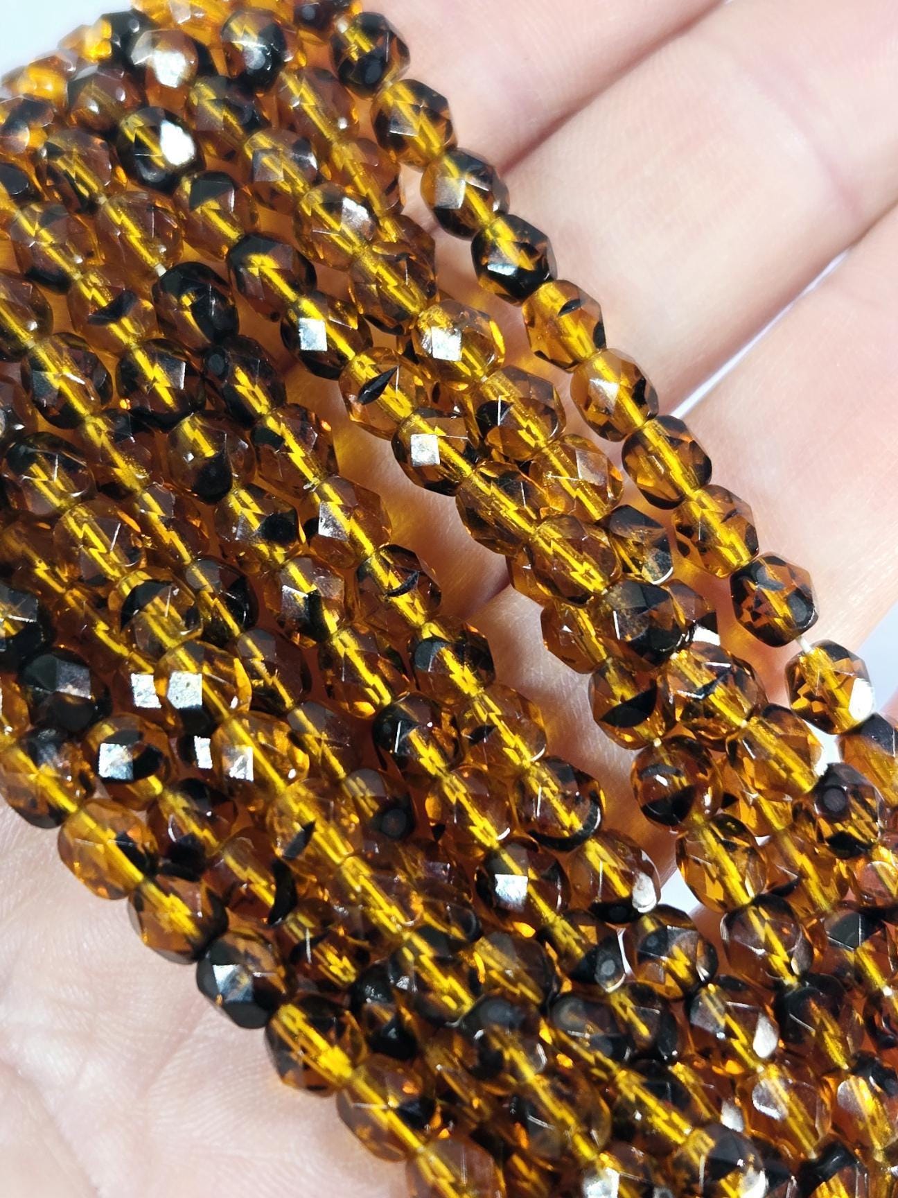 Tortoise Shell Czech Fire Polished Beads: Faceted 4mm, 100pcs