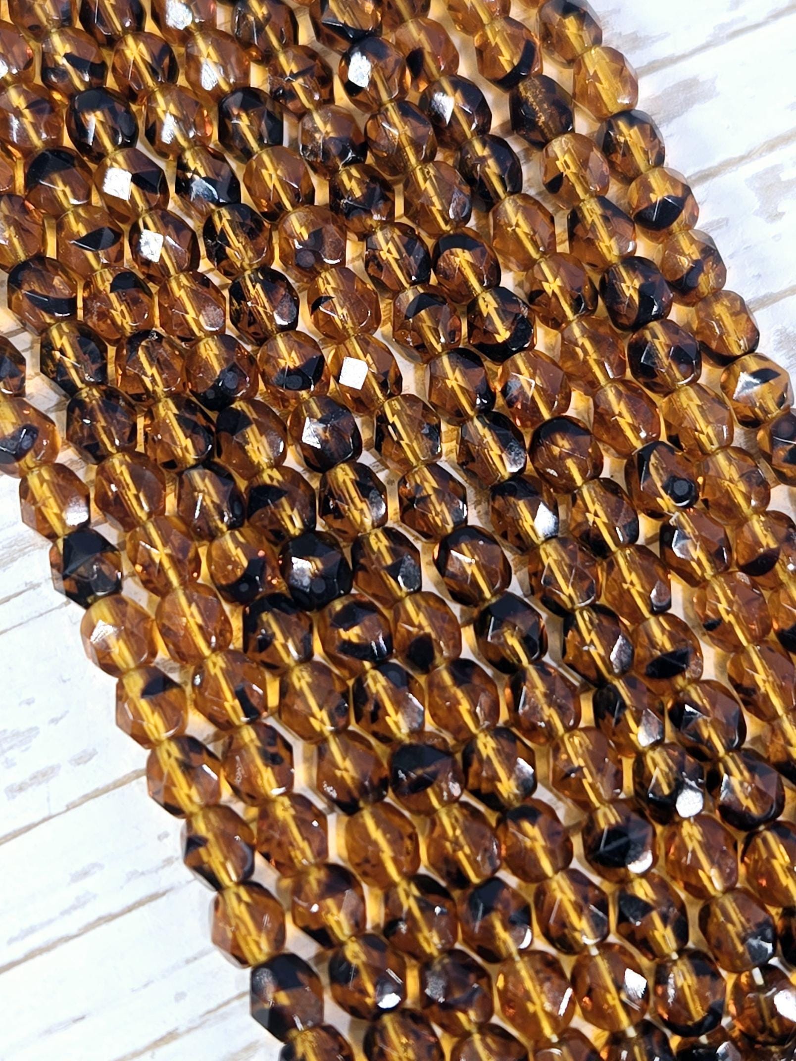 Tortoise Shell Czech Fire Polished Beads: Faceted 4mm, 100pcs