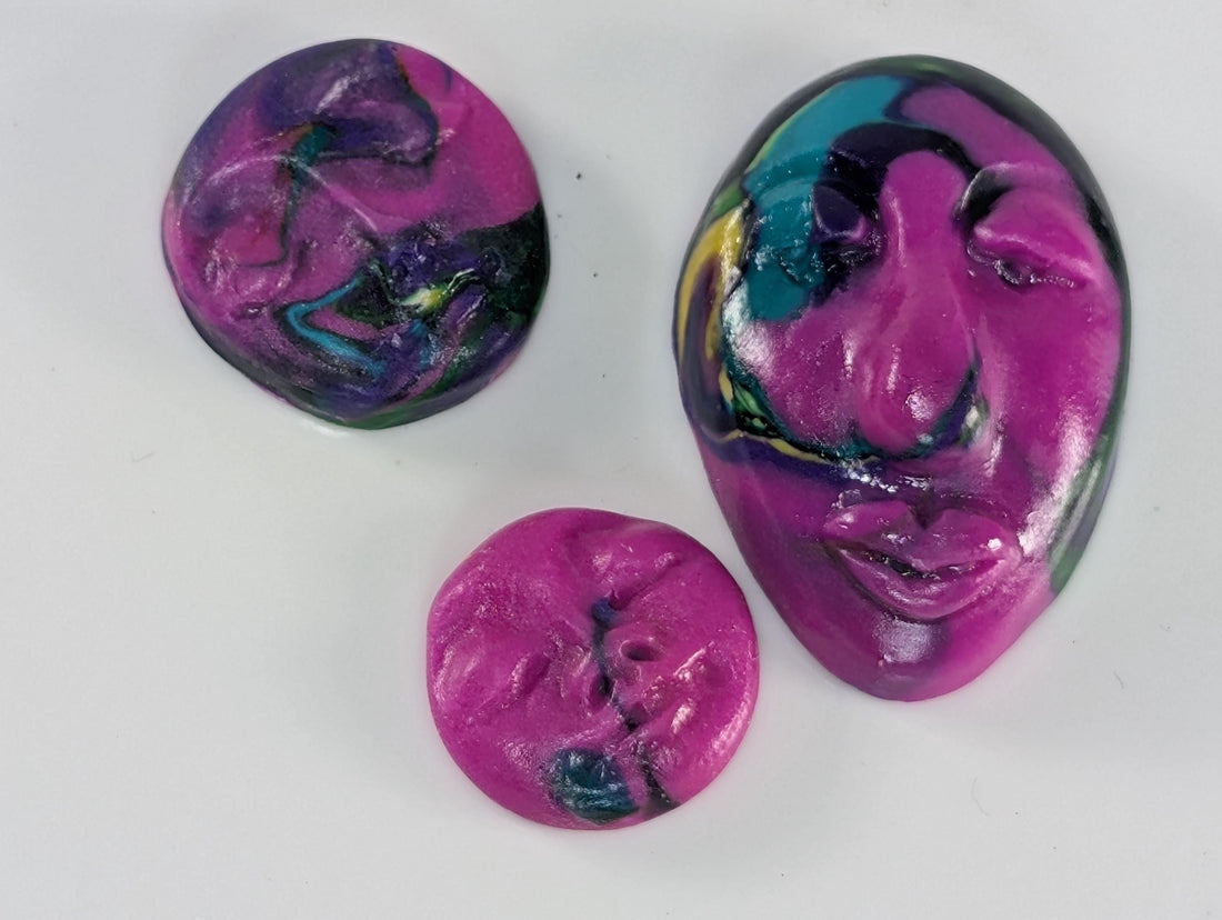 Multicolor Magenta Handmade Polymer Clay Faces for Embroidery & Doll Making - Unique Craft Supplies, Art Dolls, DIY Projects (3 Pcs)