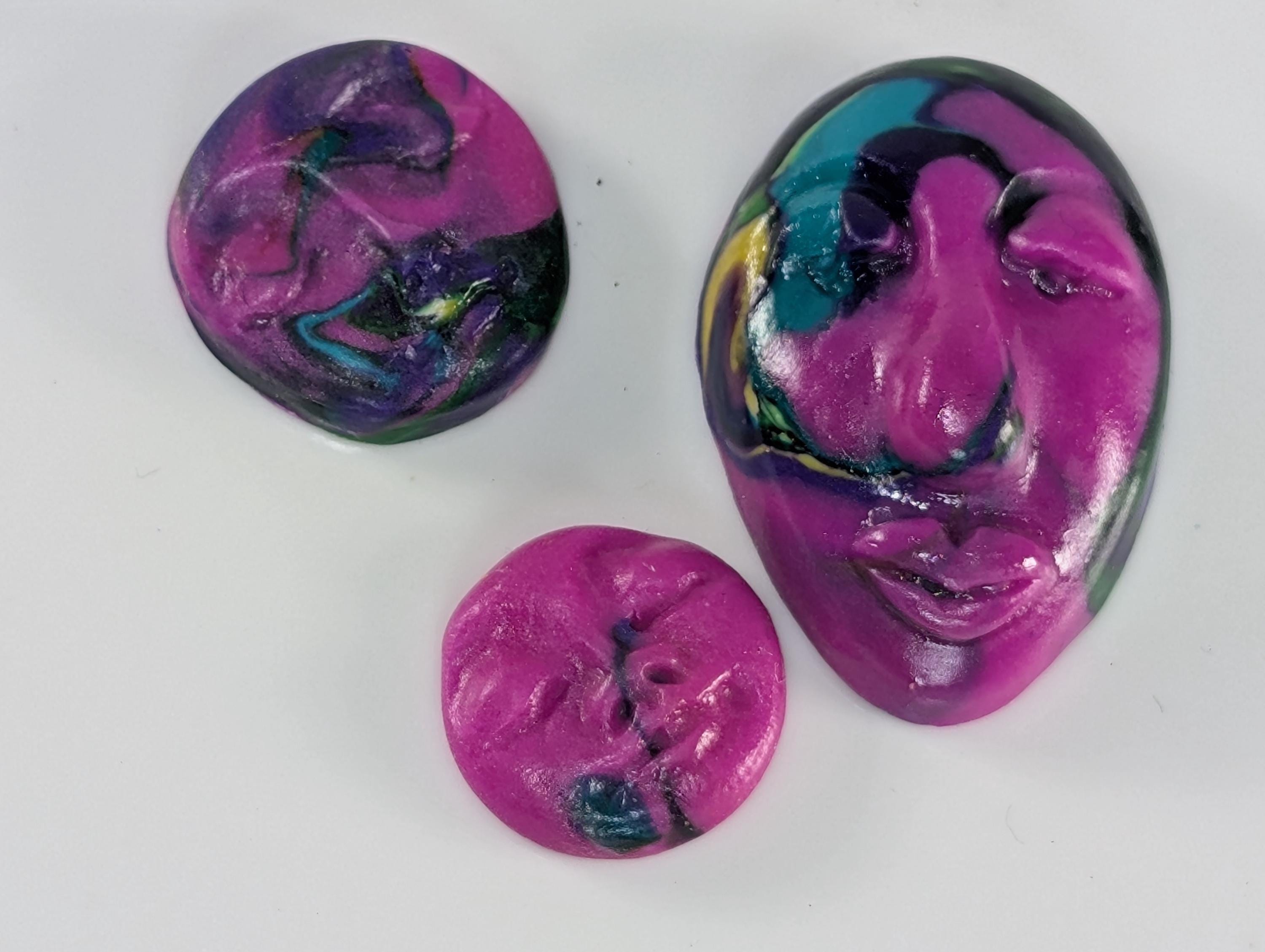 Multicolor Magenta Handmade Polymer Clay Faces for Embroidery & Doll Making - Unique Craft Supplies, Art Dolls, DIY Projects (3 Pcs)