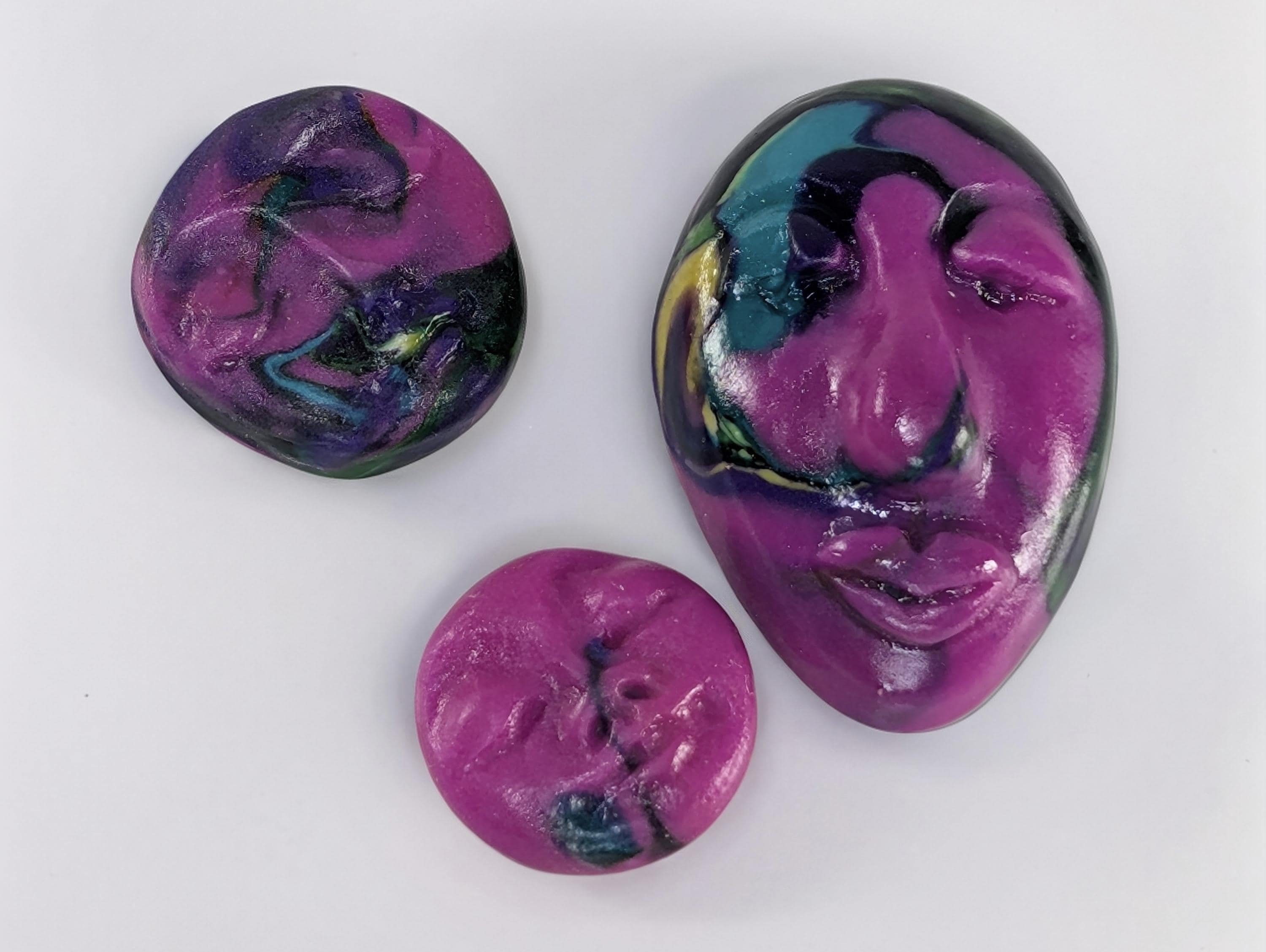 Multicolor Magenta Handmade Polymer Clay Faces for Embroidery & Doll Making - Unique Craft Supplies, Art Dolls, DIY Projects (3 Pcs)
