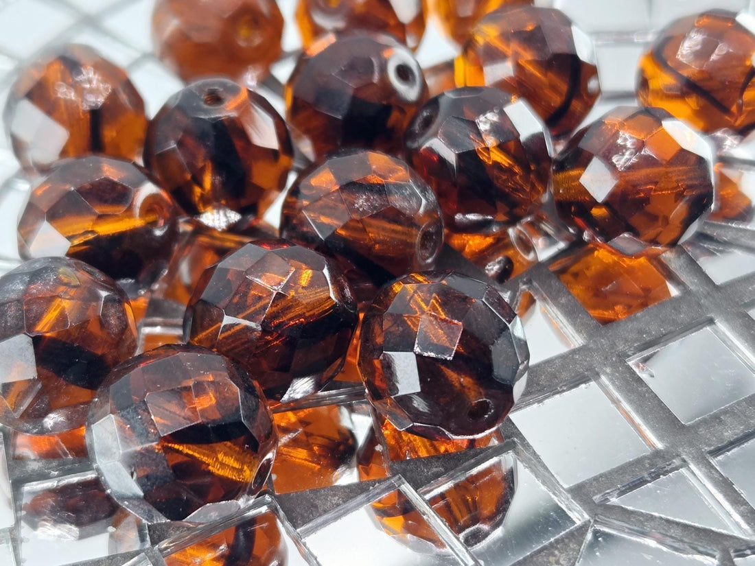Topaz Czech Glass Beads: Faceted Round Striped Amber (14mm, 15 PCS)