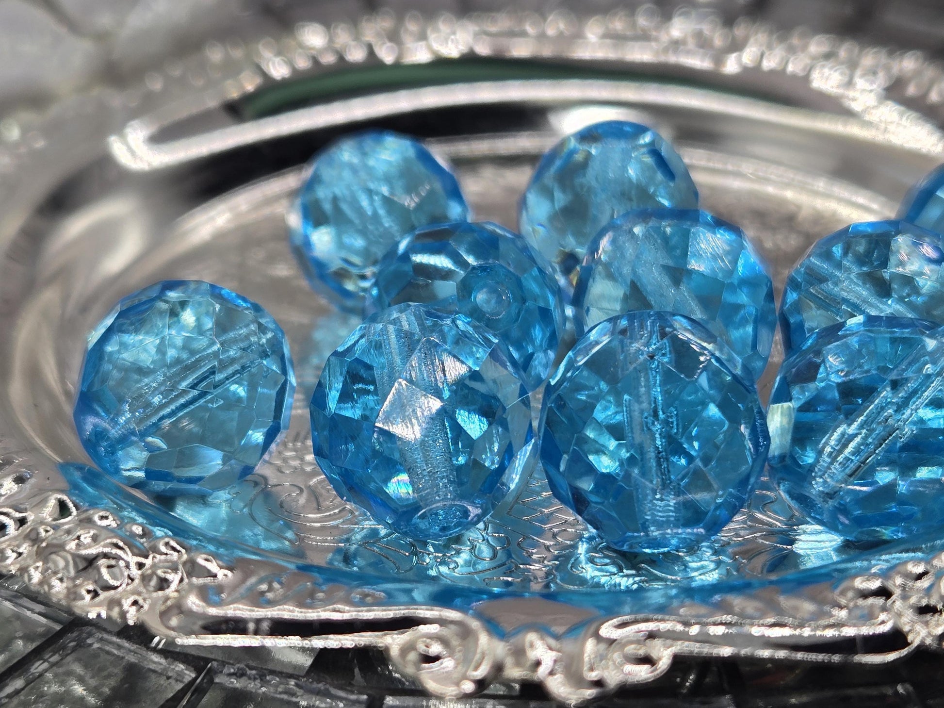 Aqua Czech Fire Polished Glass Beads 14mm (6 PCS)