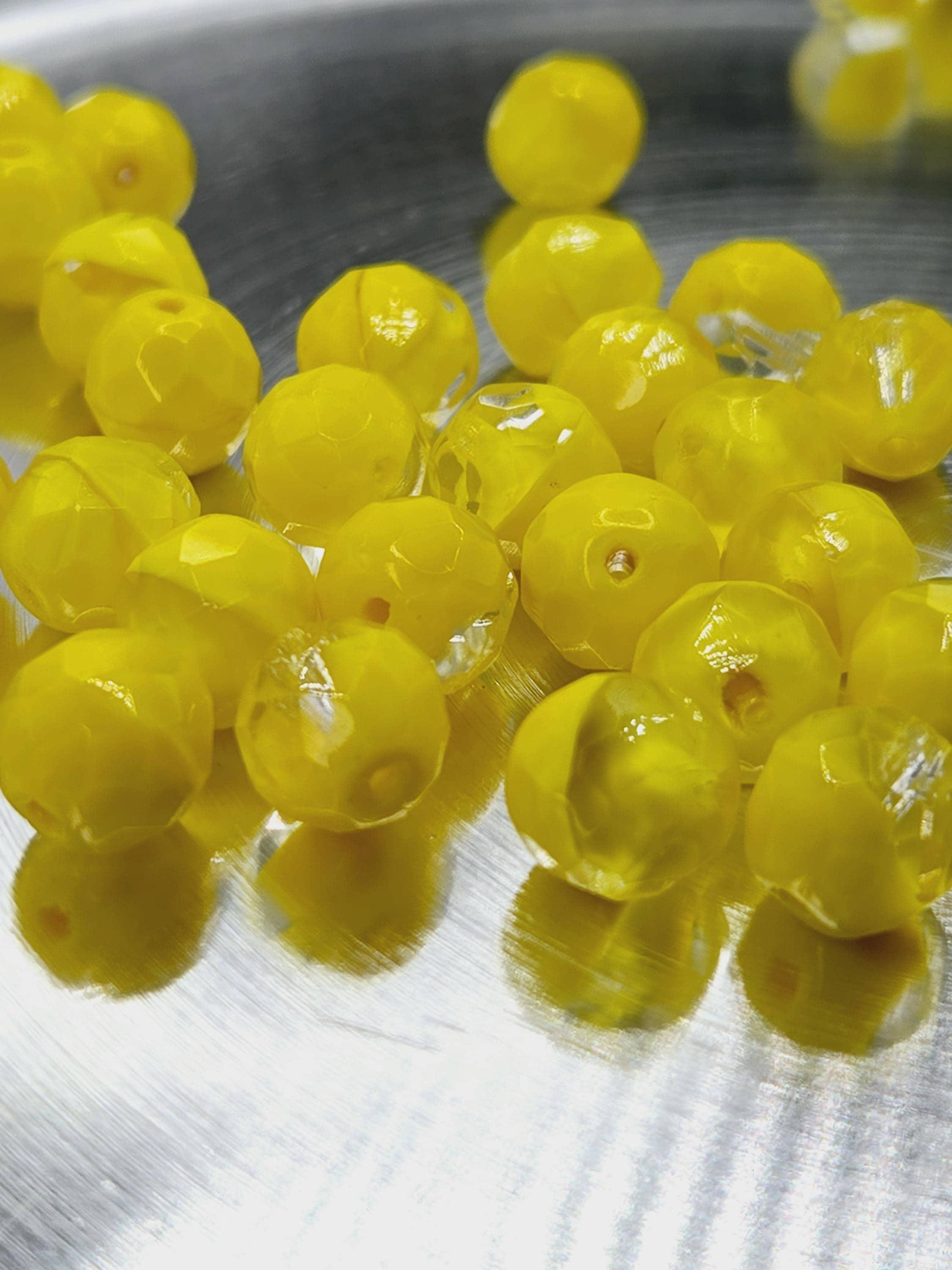 Yellow Czech Fire Polished Faceted Glass Beads (12mm, 10 Pcs)