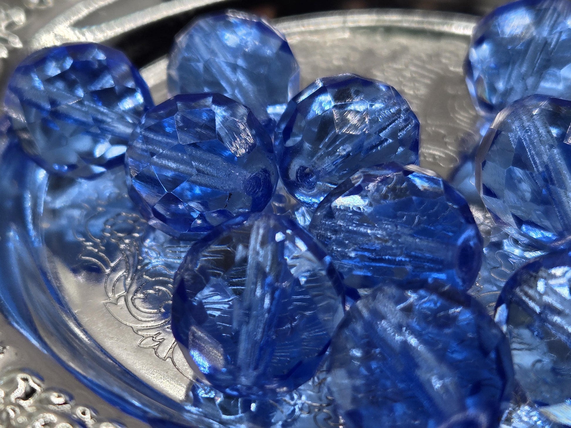 Dark Sapphire Czech Fire Polished Glass Beads (14mm, 6 PCS)