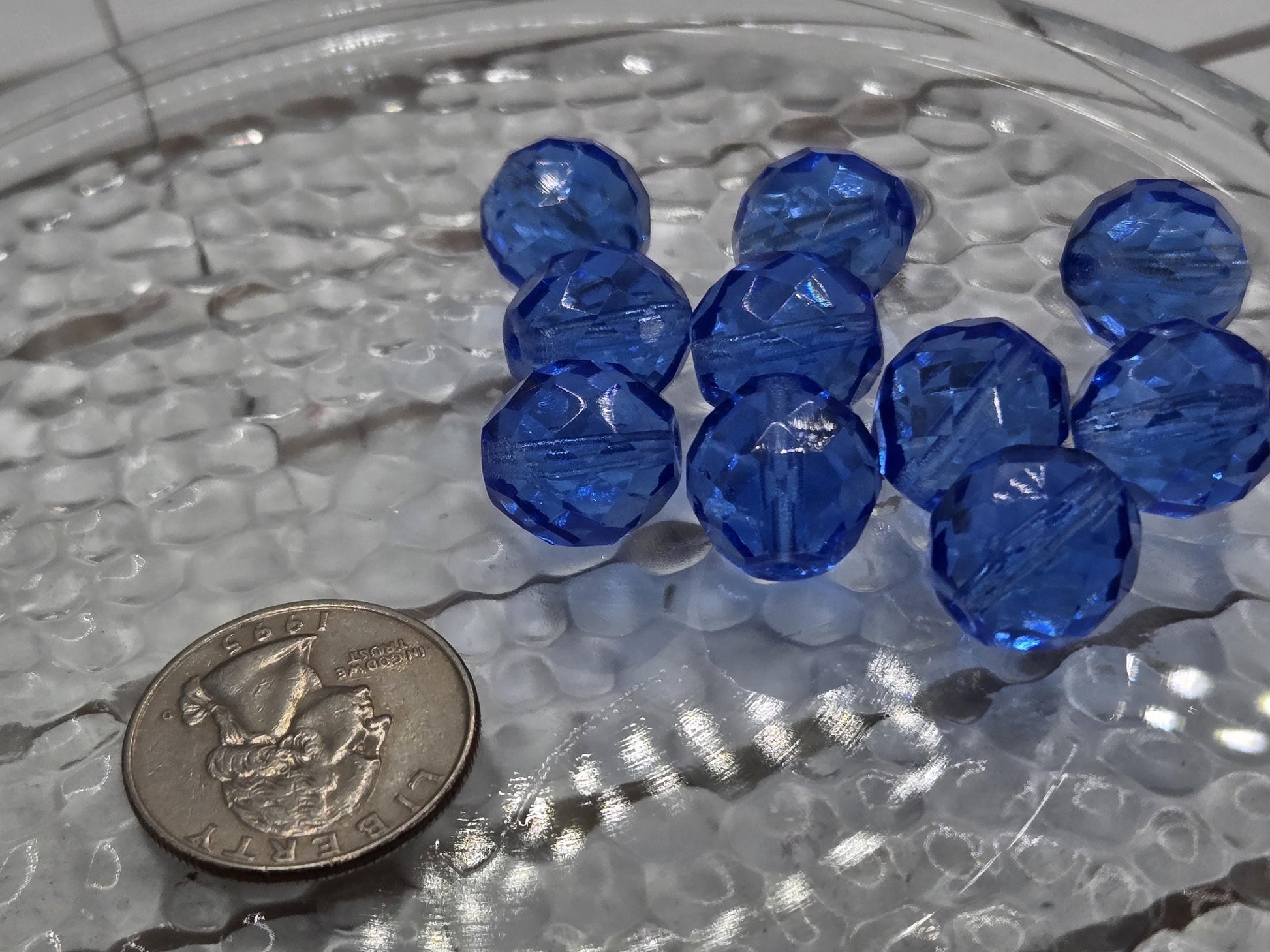 Dark Sapphire Czech Fire Polished Glass Beads (14mm, 6 PCS)