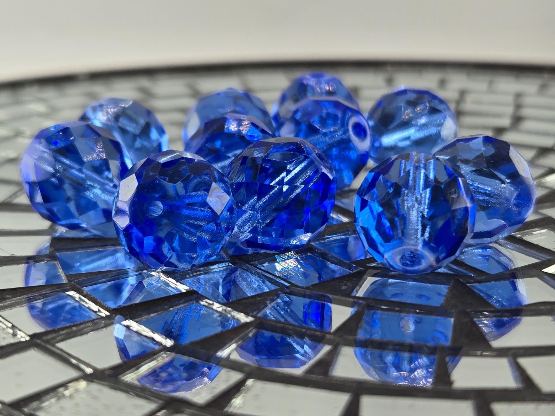 Dark Sapphire Czech Fire Polished Glass Beads (14mm, 6 PCS)