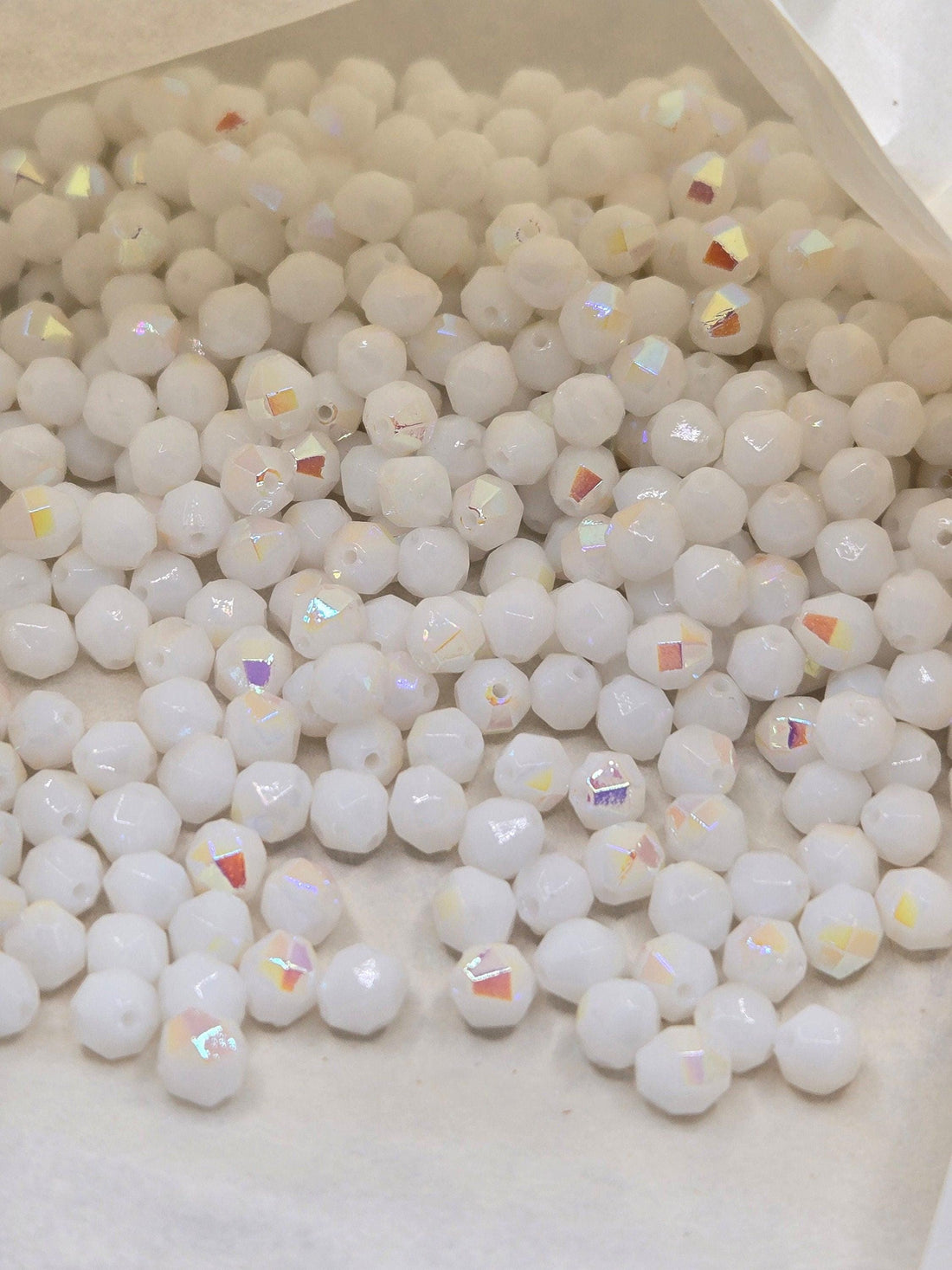 Vintage Crystal Beads: 1949 Germany Chalk White AB Fire Polished, 6mm (40pcs)