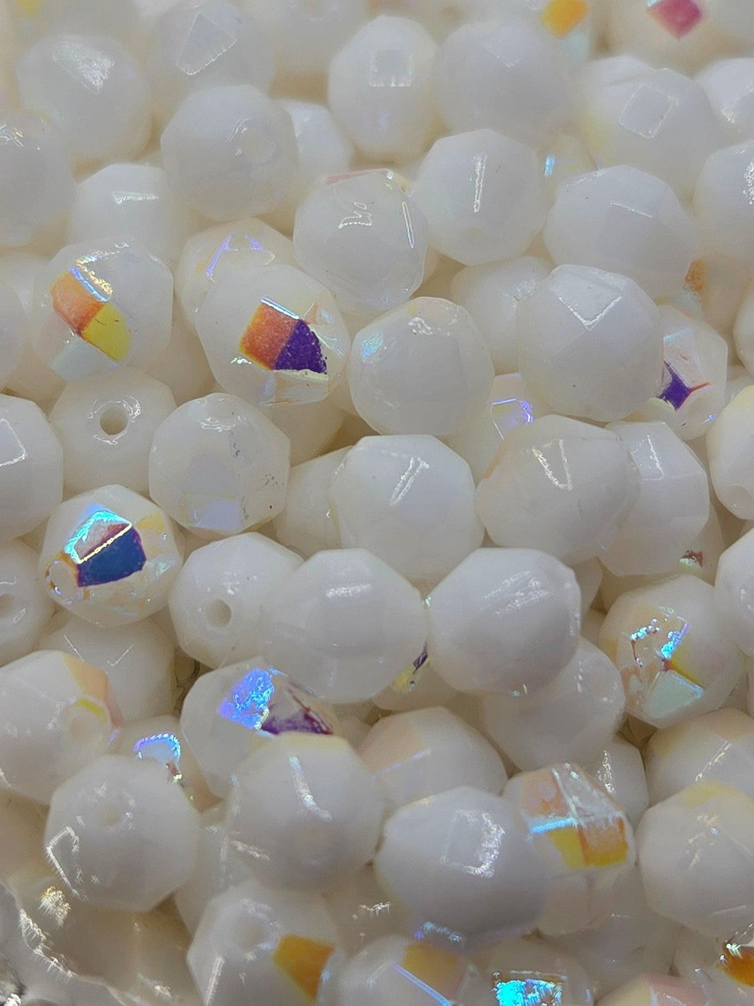 Vintage Crystal Beads: 1949 Germany Chalk White AB Fire Polished, 6mm (40pcs)
