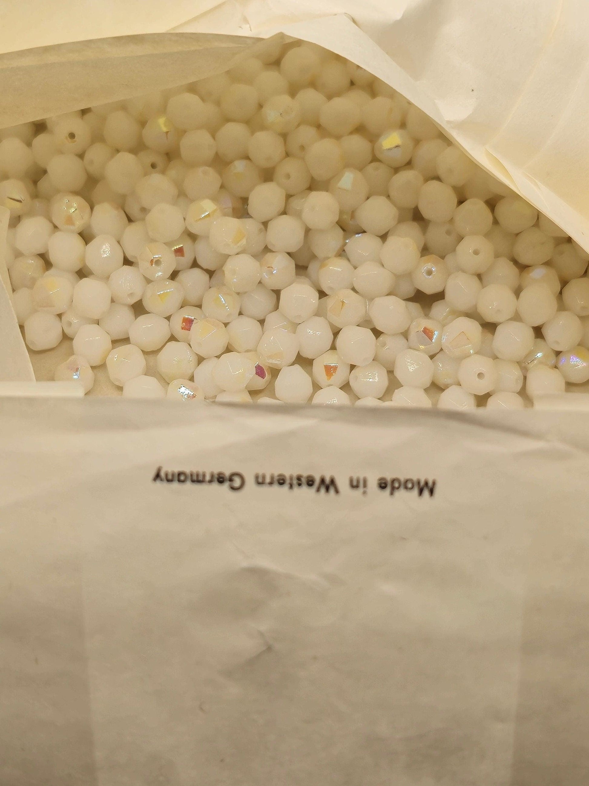 Vintage Crystal Beads: 1949 Germany Chalk White AB Fire Polished, 6mm (40pcs)