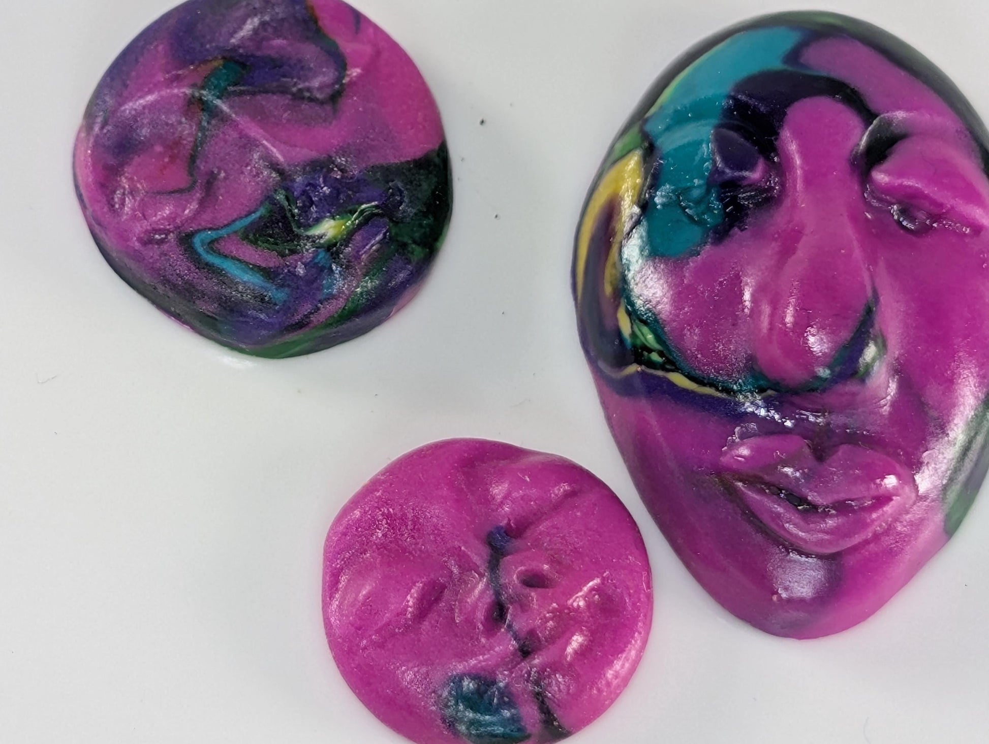 Multicolor Magenta Handmade Polymer Clay Faces for Embroidery & Doll Making - Unique Craft Supplies, Art Dolls, DIY Projects (3 Pcs)