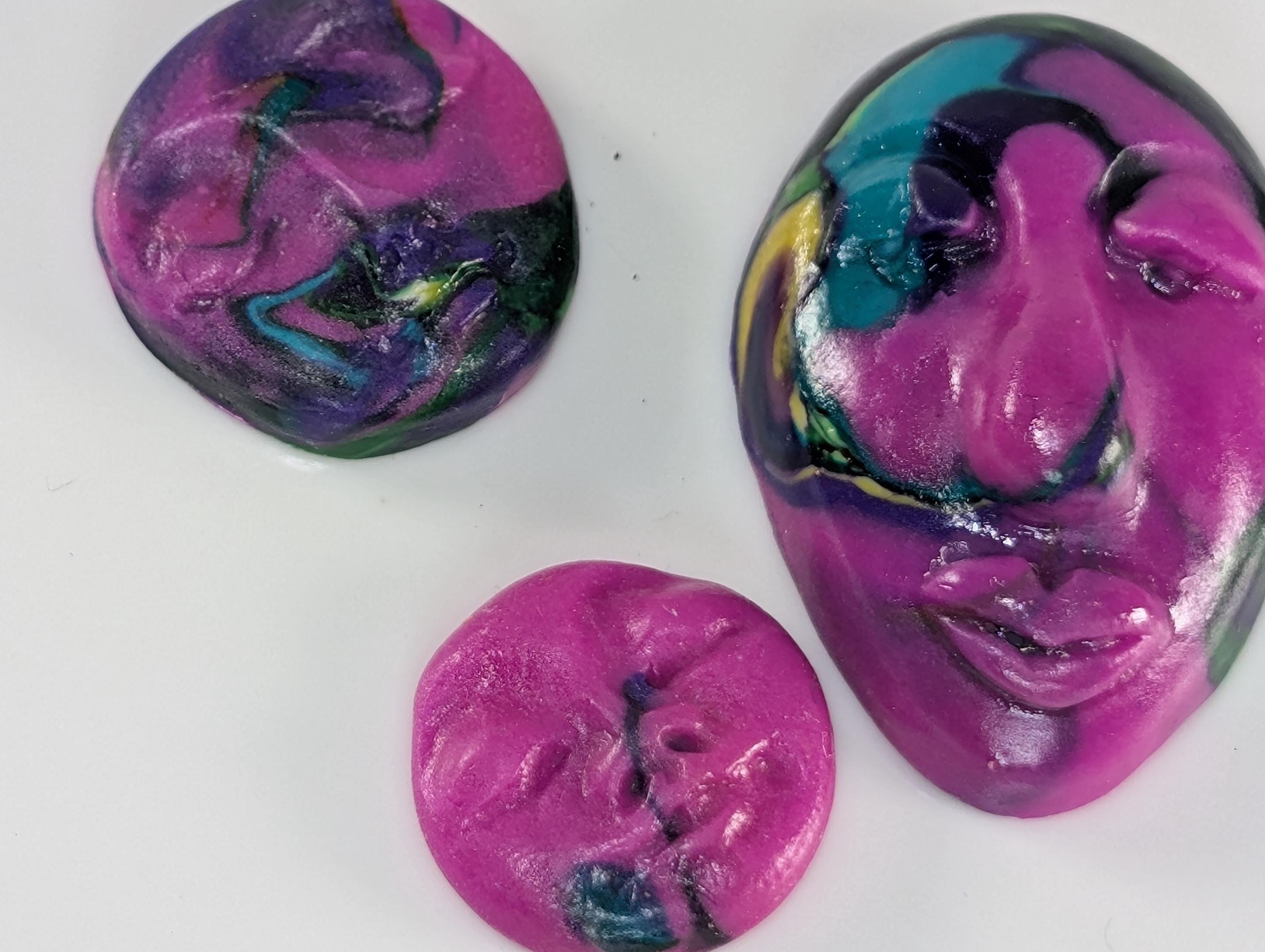 Multicolor Magenta Handmade Polymer Clay Faces for Embroidery & Doll Making - Unique Craft Supplies, Art Dolls, DIY Projects (3 Pcs)