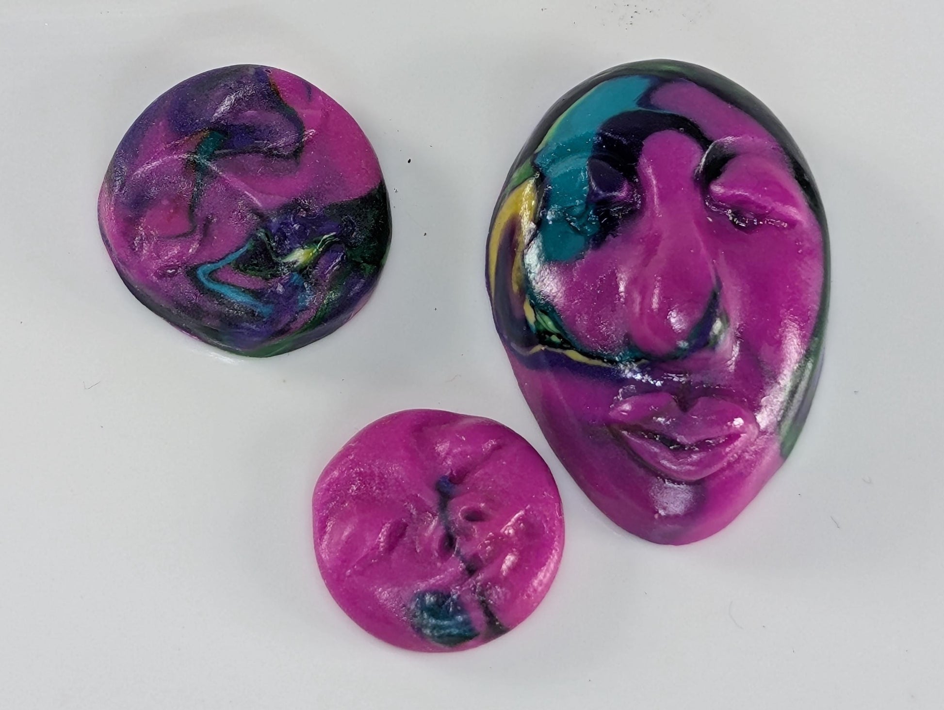 Multicolor Magenta Handmade Polymer Clay Faces for Embroidery & Doll Making - Unique Craft Supplies, Art Dolls, DIY Projects (3 Pcs)