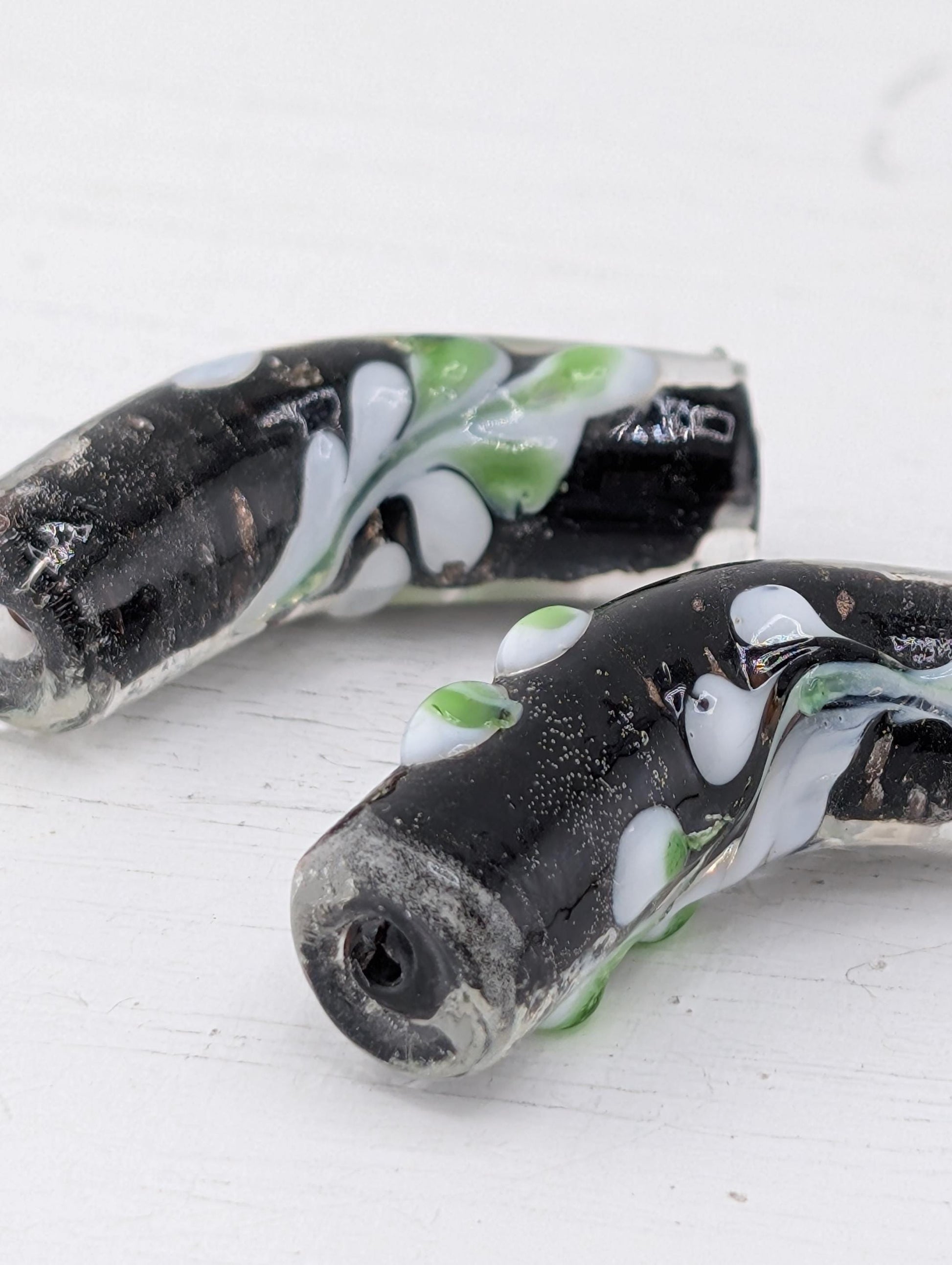 Lampwork Beads Set: Brown and Black Panda Design - Smooth Glazed Ceramic