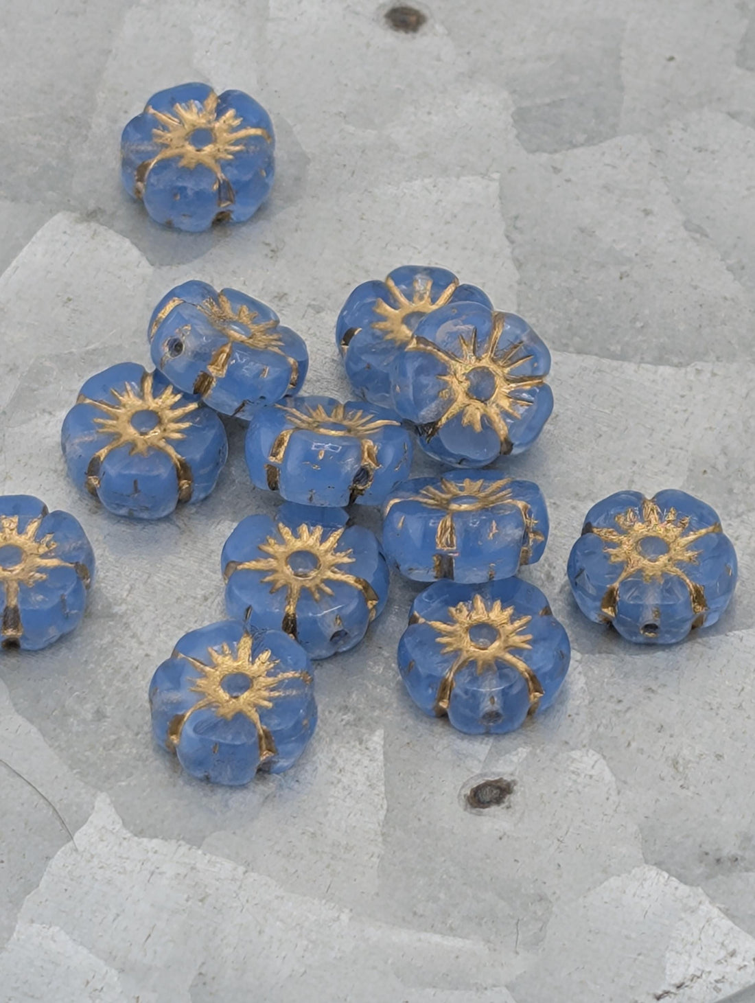 Czech Glass Hibiscus Flower Beads Boho Jewelry Making Supply 8mm Light Blue Picasso (12pcs))