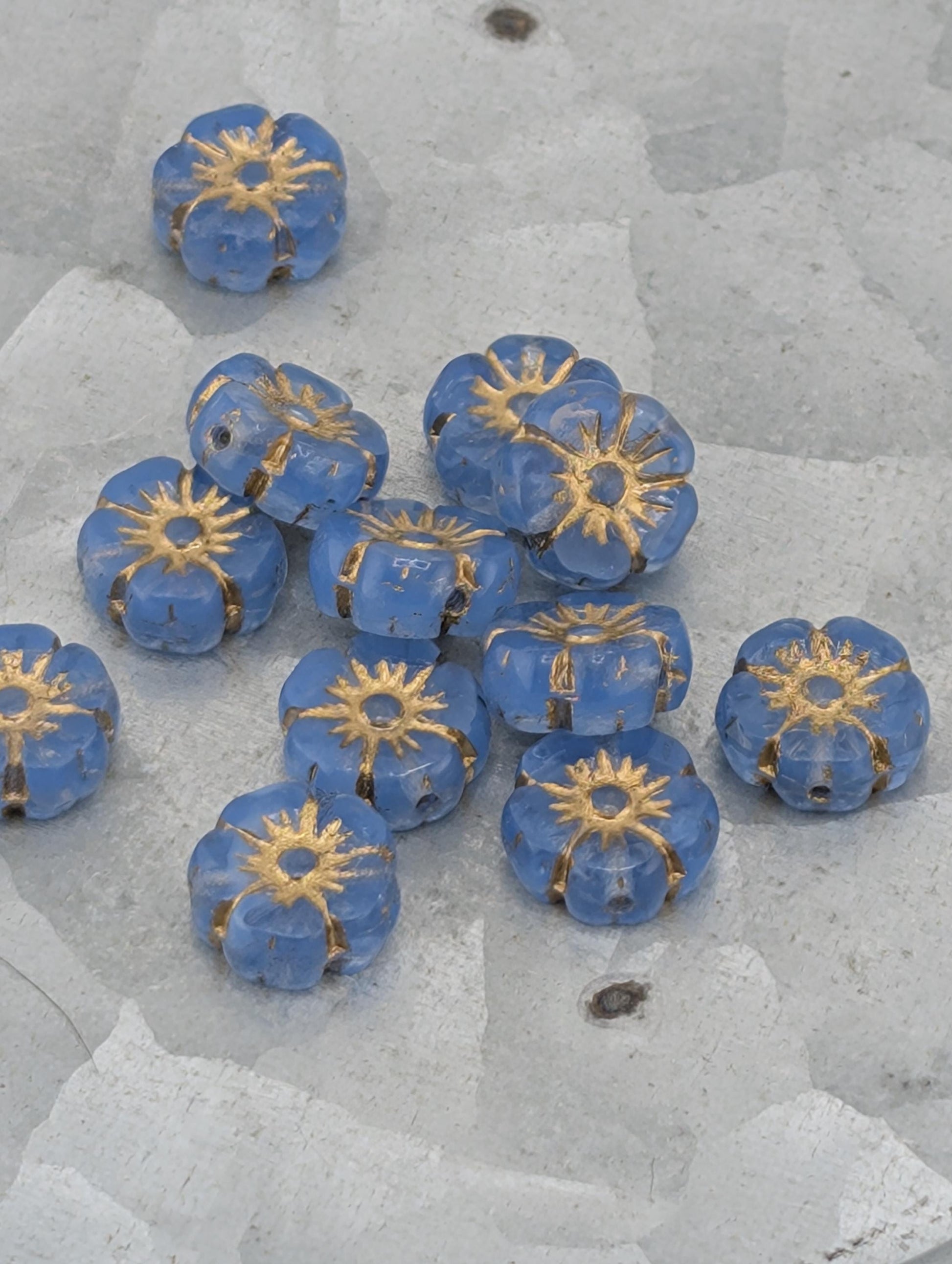 Czech Glass Hibiscus Flower Beads Boho Jewelry Making Supply 8mm Light Blue Picasso (12pcs))