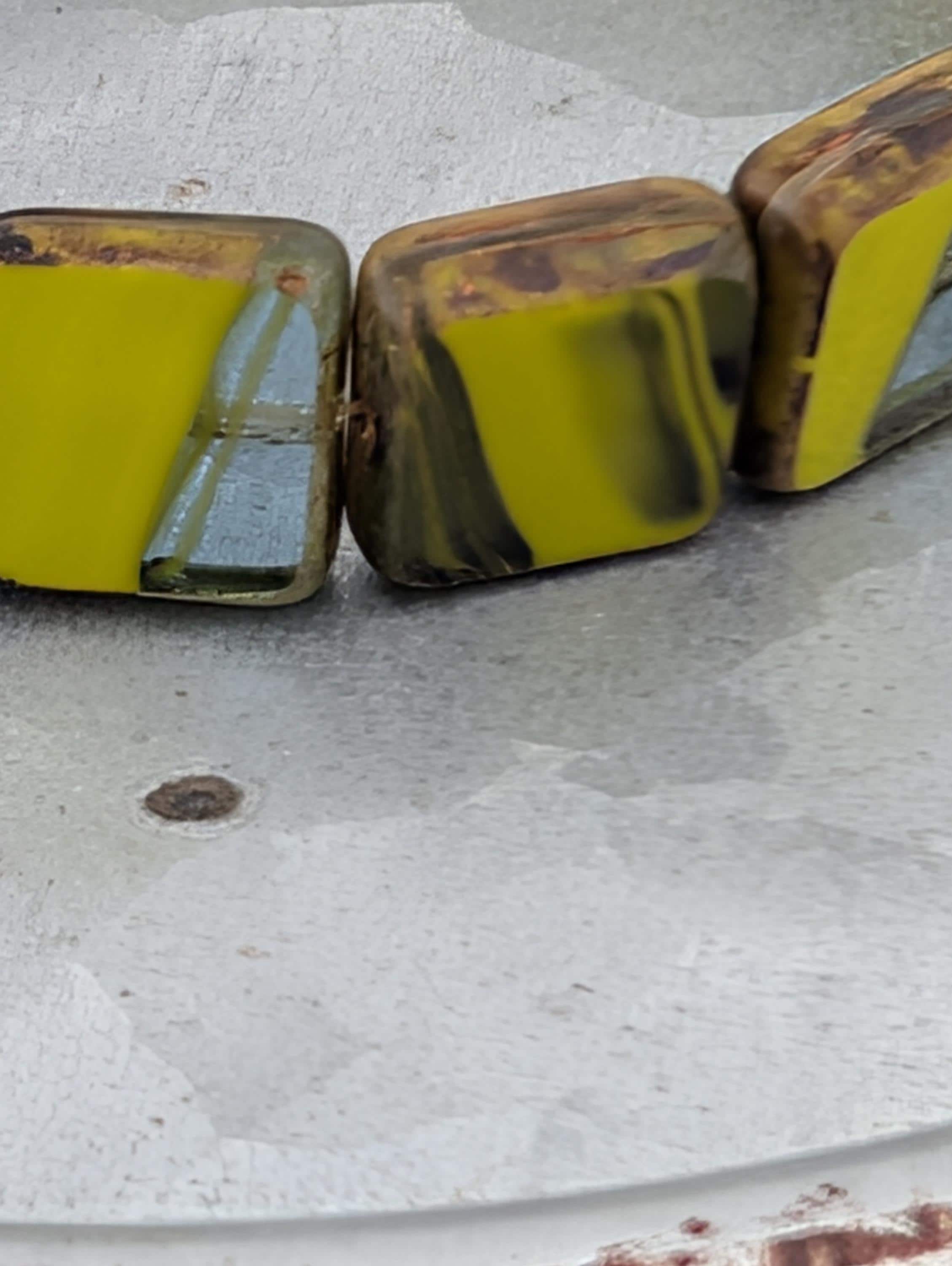 10mm Czech Glass Table Cut Square Swirl Beads | Boho Jewelry Making Supply | Tile-Shaped Craft Beads | Chartreuse Swirl | 15 pcs