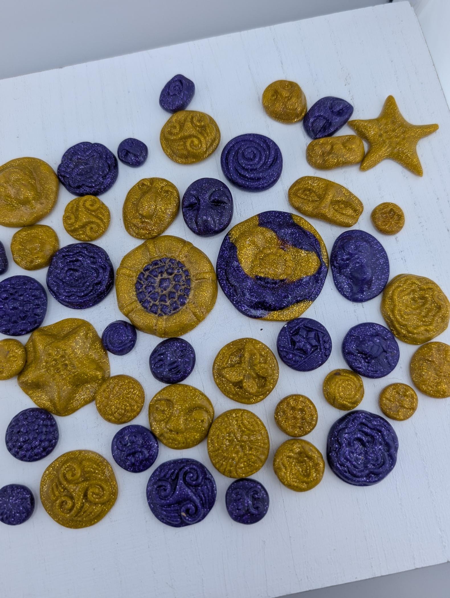 Handmade Polymer Clay Faces: Colorful Gold and Purple Art Doll Supplies 45 pcs