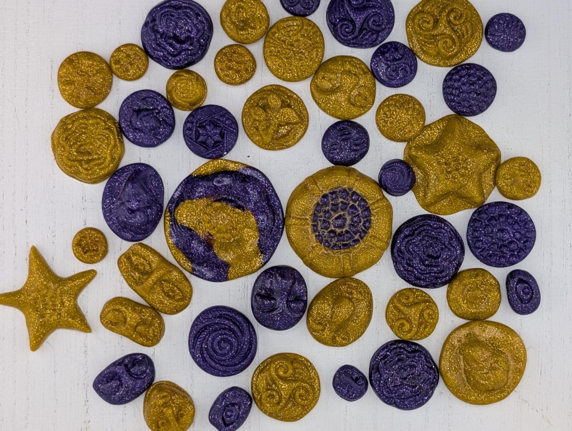 Handmade Polymer Clay Faces: Colorful Gold and Purple Art Doll Supplies 45 pcs