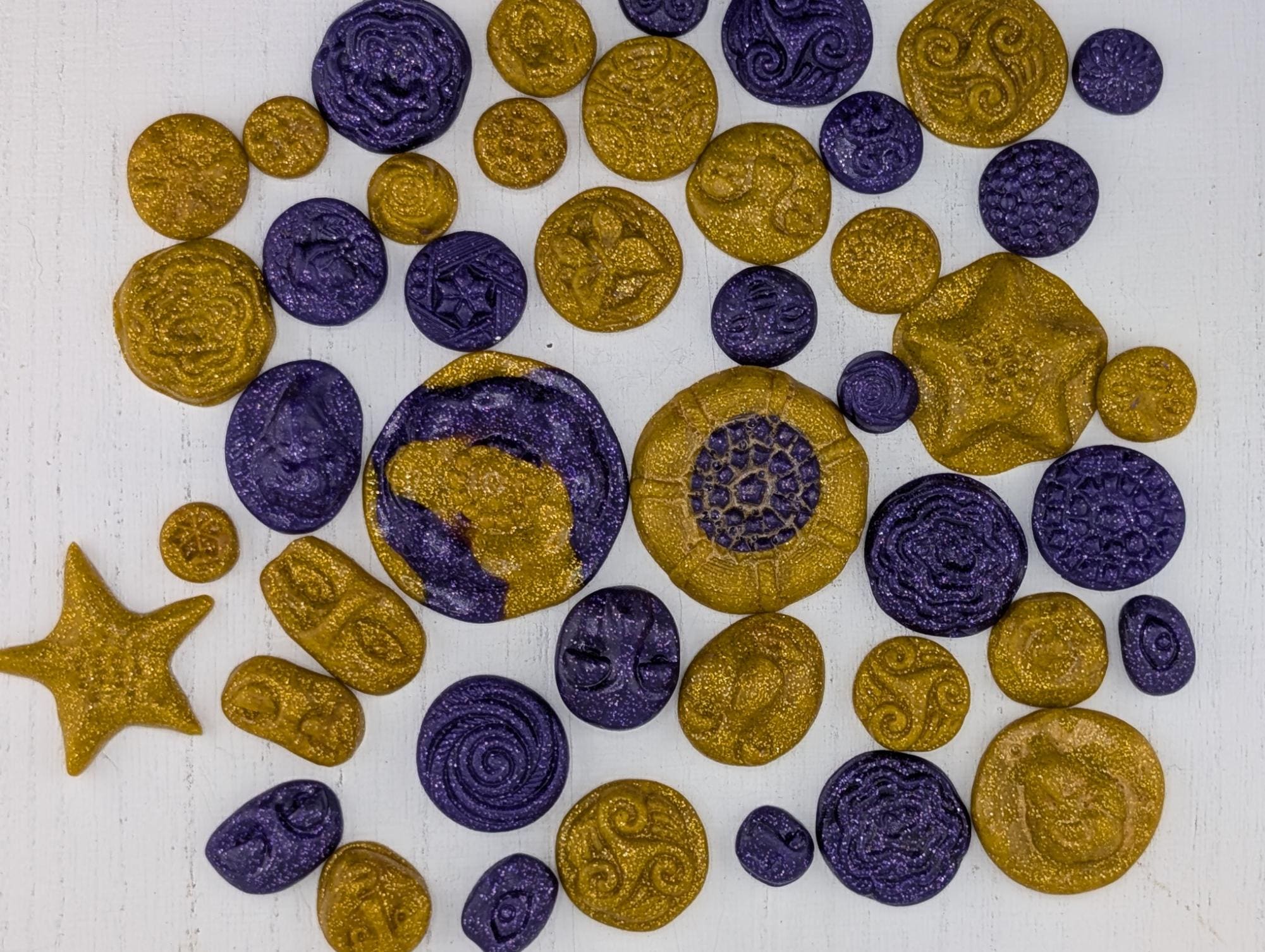 Handmade Polymer Clay Faces: Colorful Gold and Purple Art Doll Supplies 45 pcs