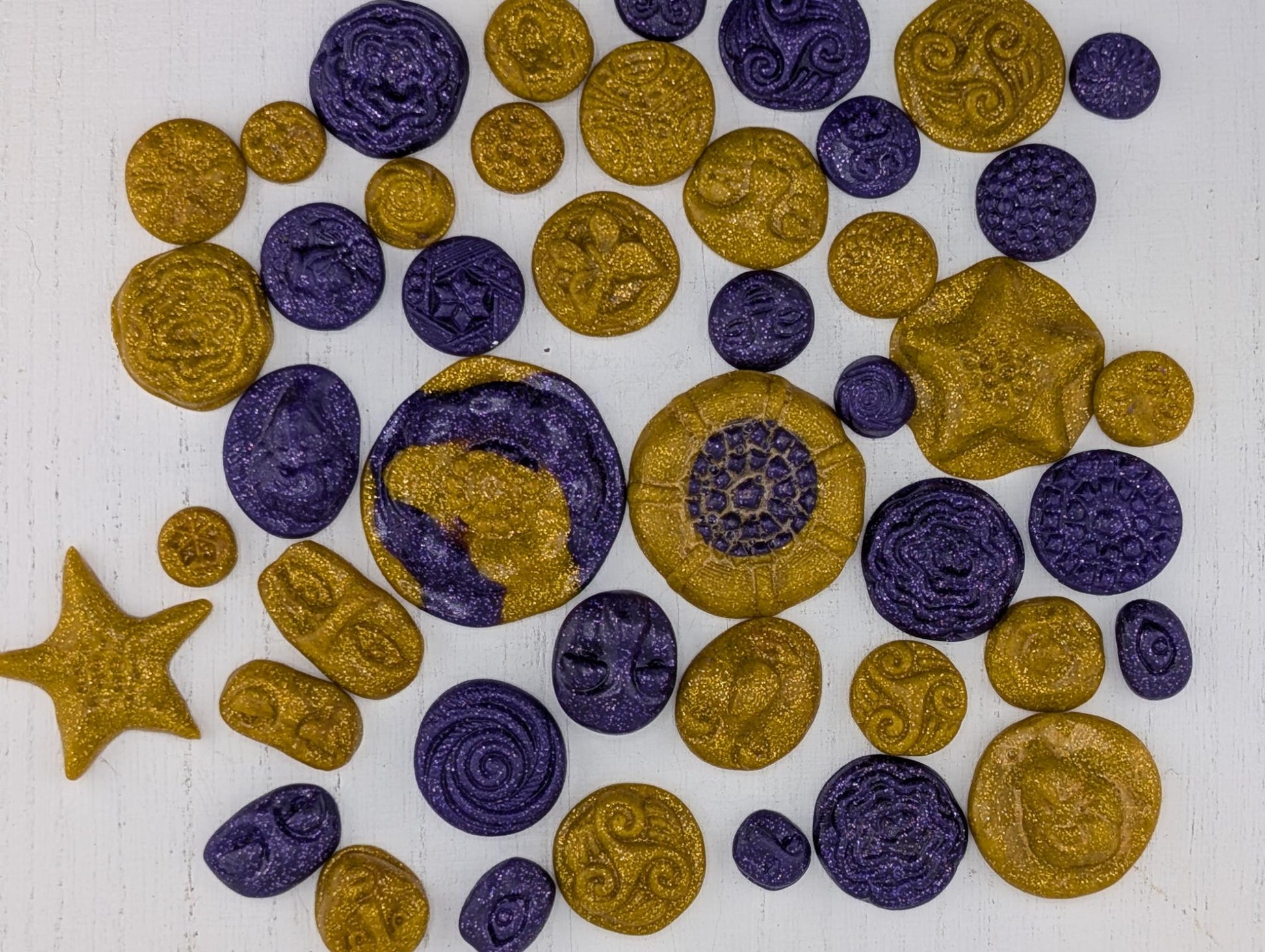 Handmade Polymer Clay Faces: Colorful Gold and Purple Art Doll Supplies 45 pcs