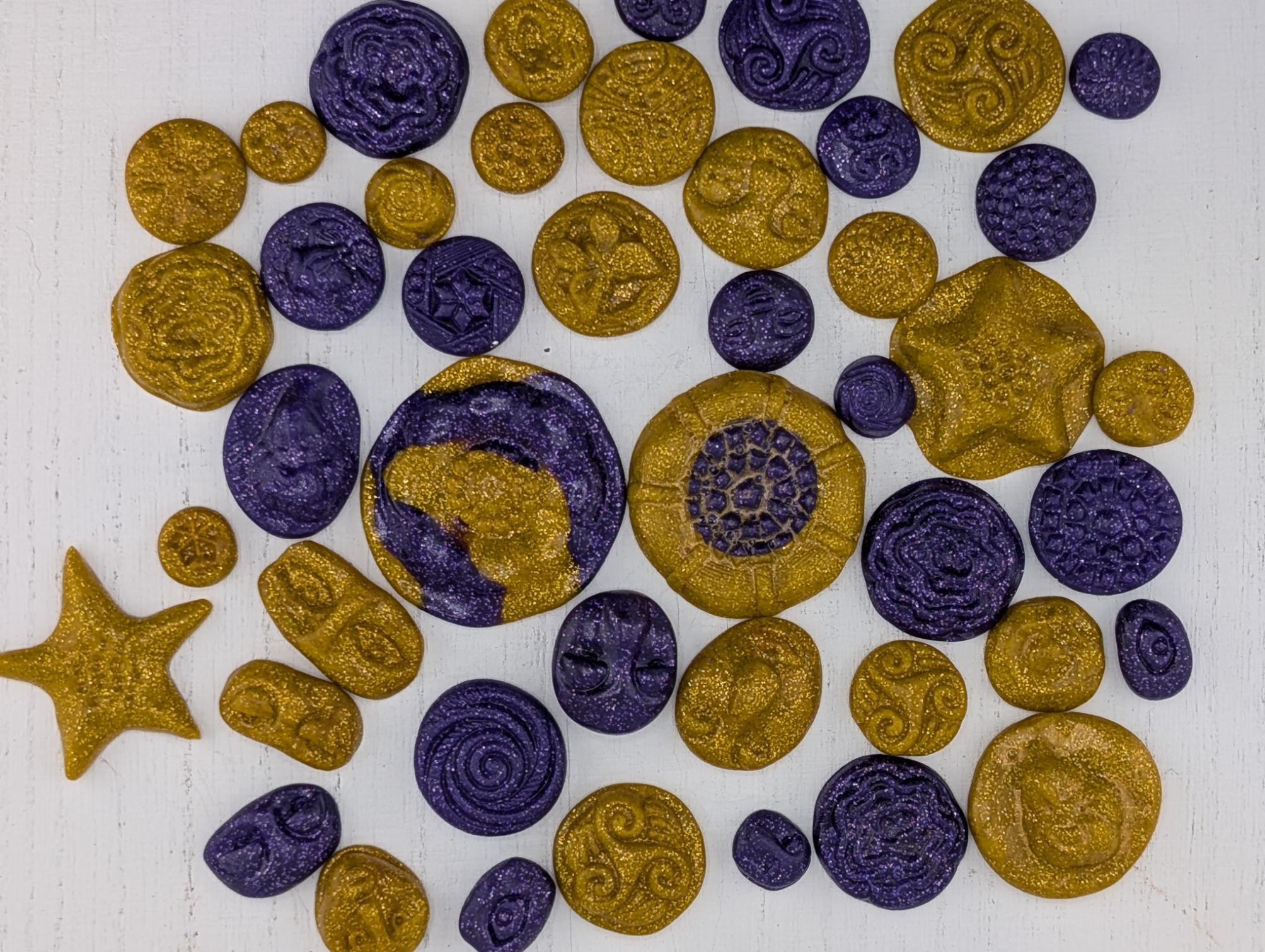 Handmade Polymer Clay Faces: Colorful Gold and Purple Art Doll Supplies 45 pcs