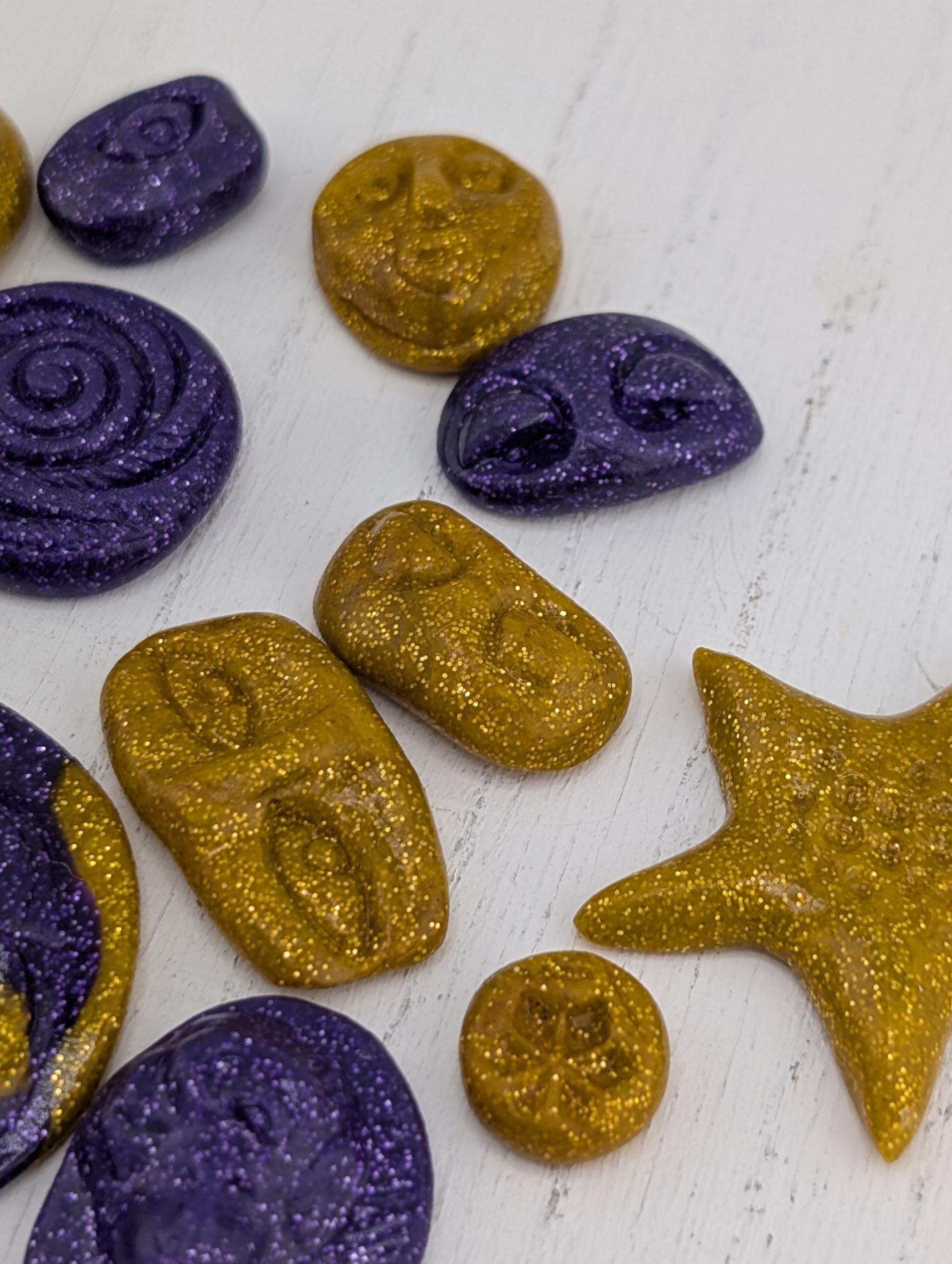 Handmade Polymer Clay Faces: Colorful Gold and Purple Art Doll Supplies 45 pcs