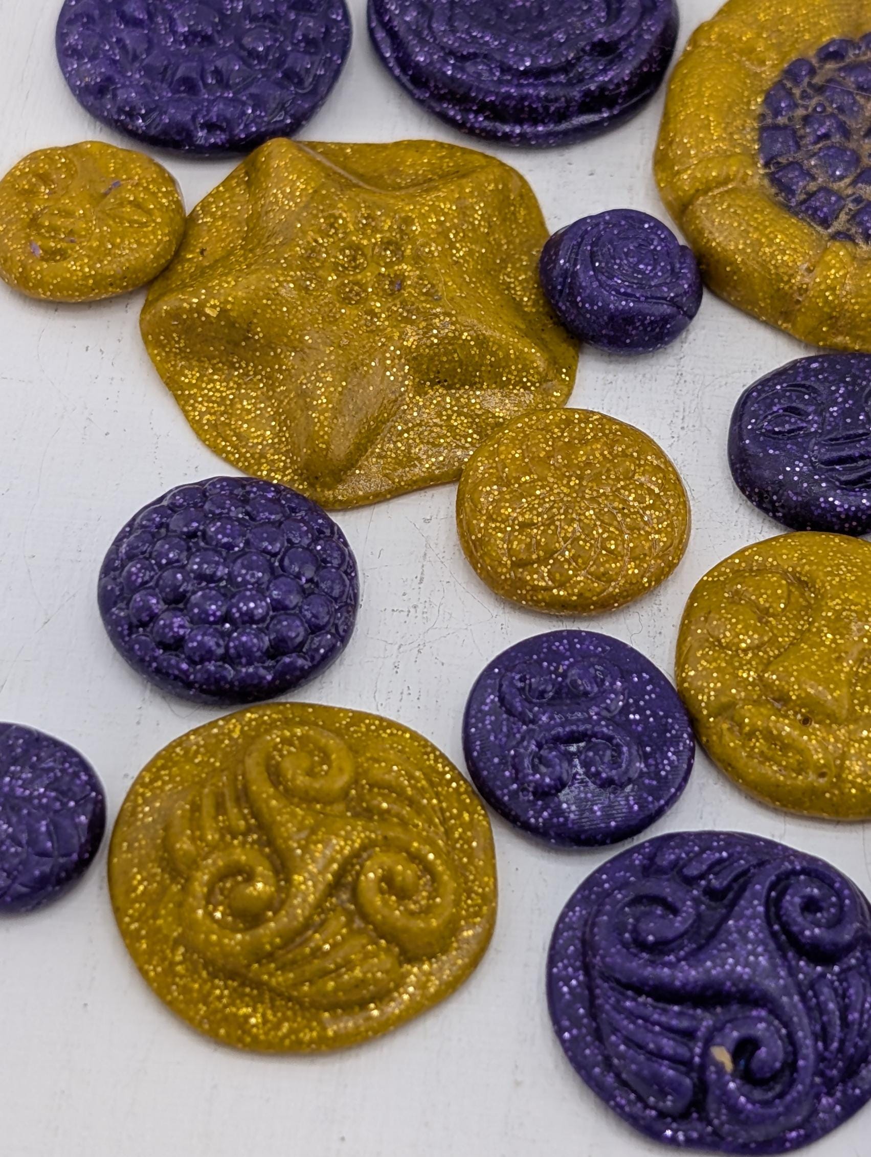 Handmade Polymer Clay Faces: Colorful Gold and Purple Art Doll Supplies 45 pcs