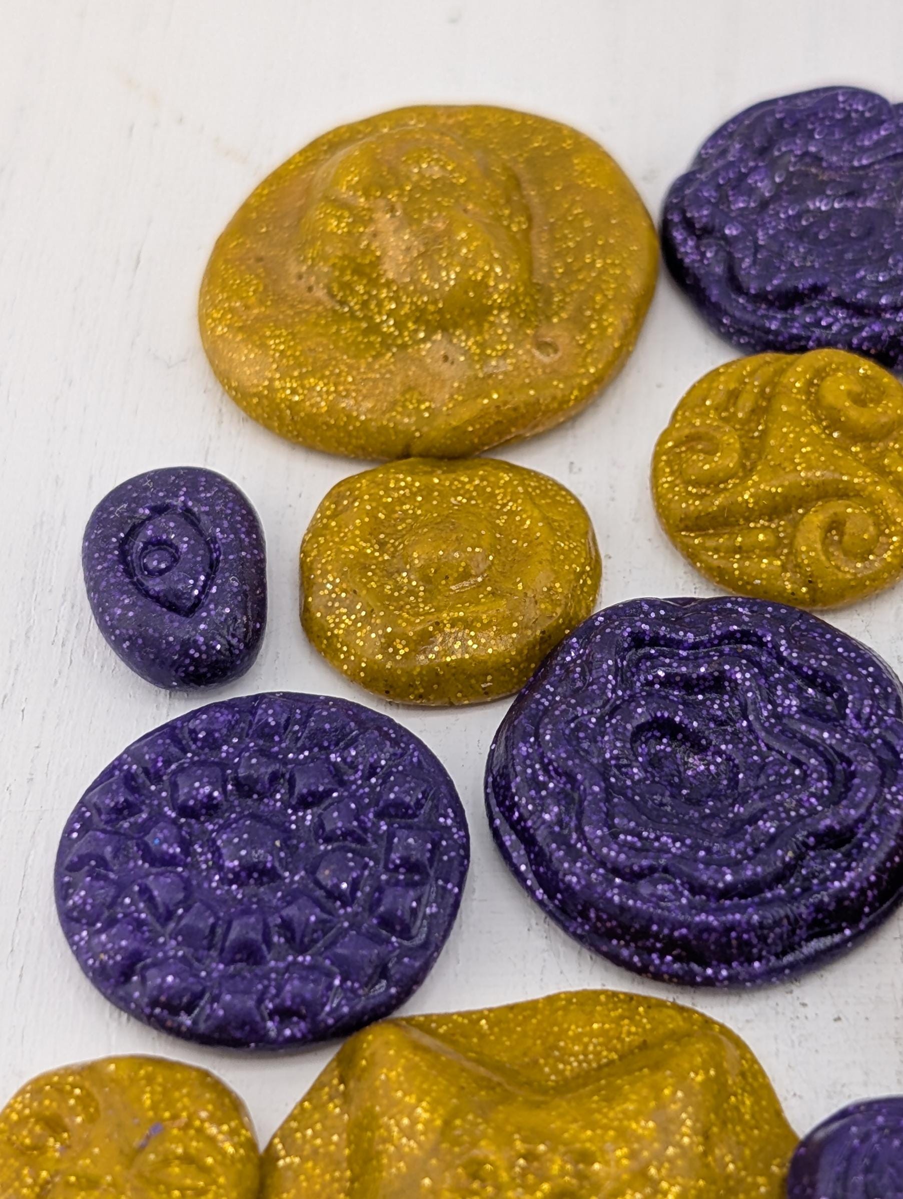 Handmade Polymer Clay Faces: Colorful Gold and Purple Art Doll Supplies 45 pcs