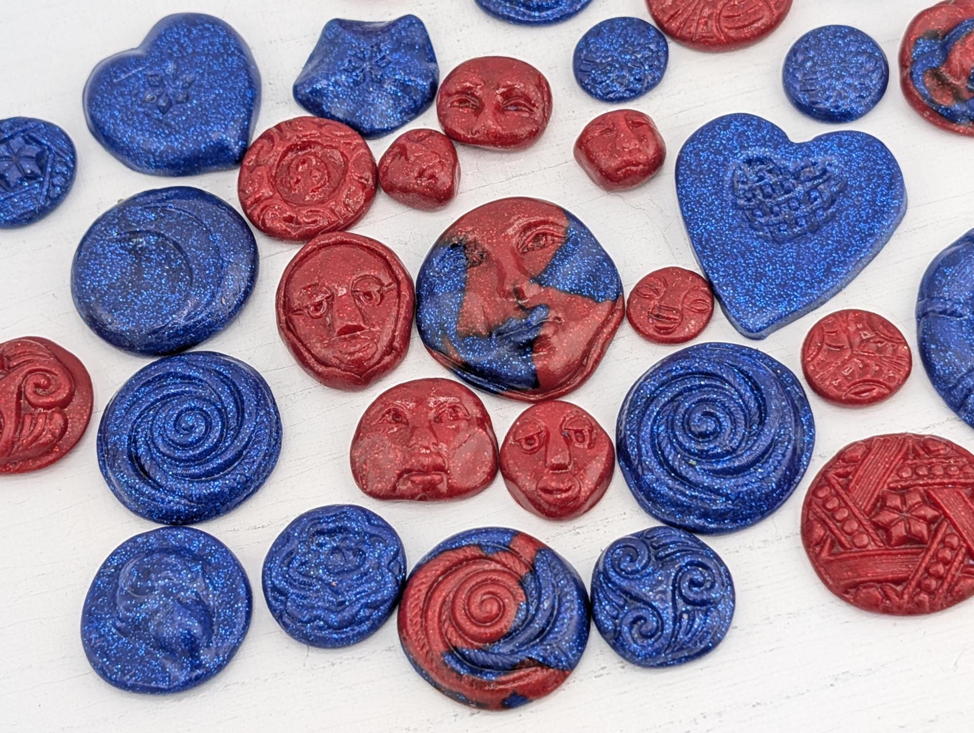 Handmade Polymer Clay Faces: Colorful Blue and Red Art Doll Supplies 35 pcs