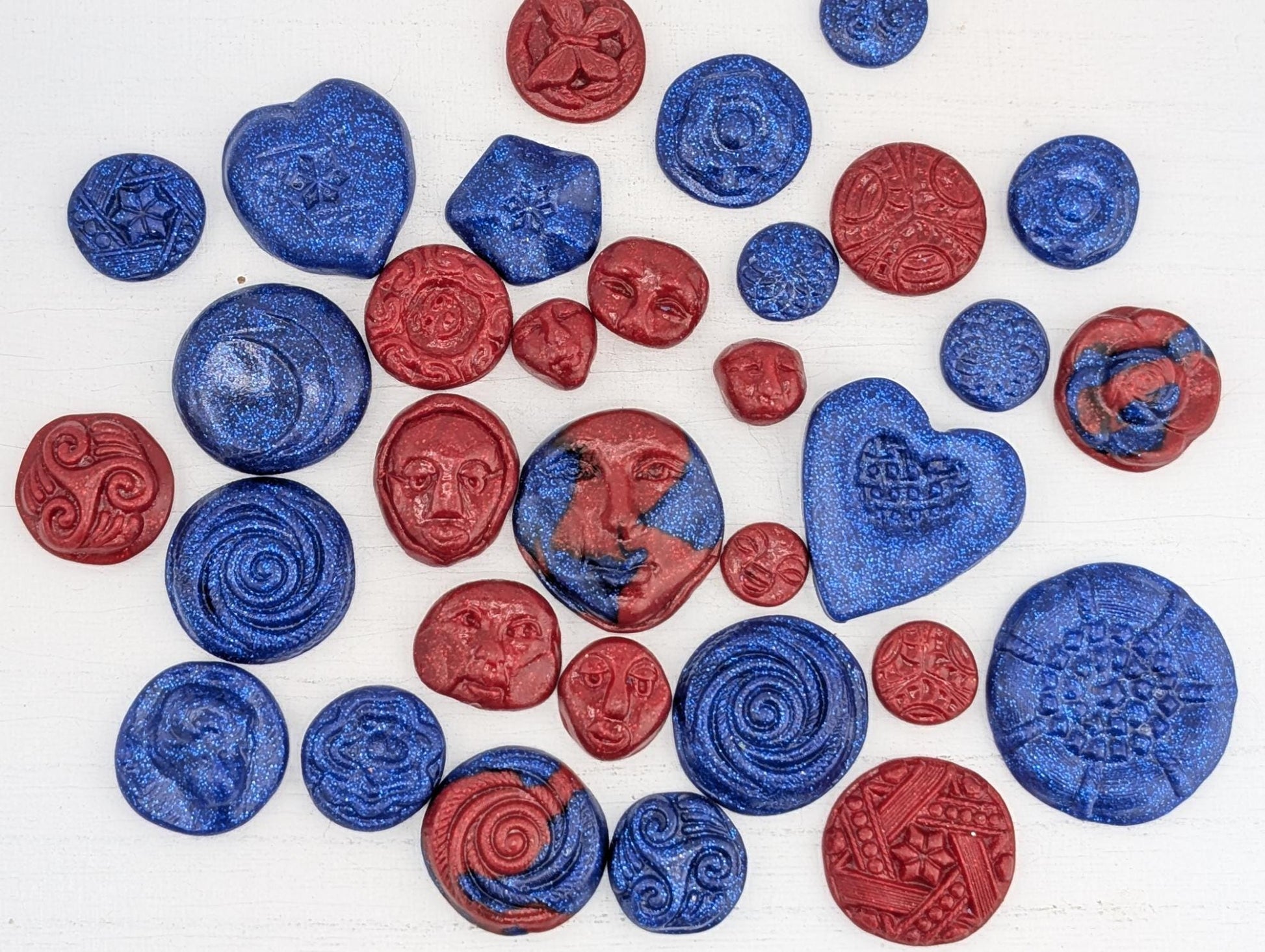 Handmade Polymer Clay Faces: Colorful Blue and Red Art Doll Supplies 35 pcs