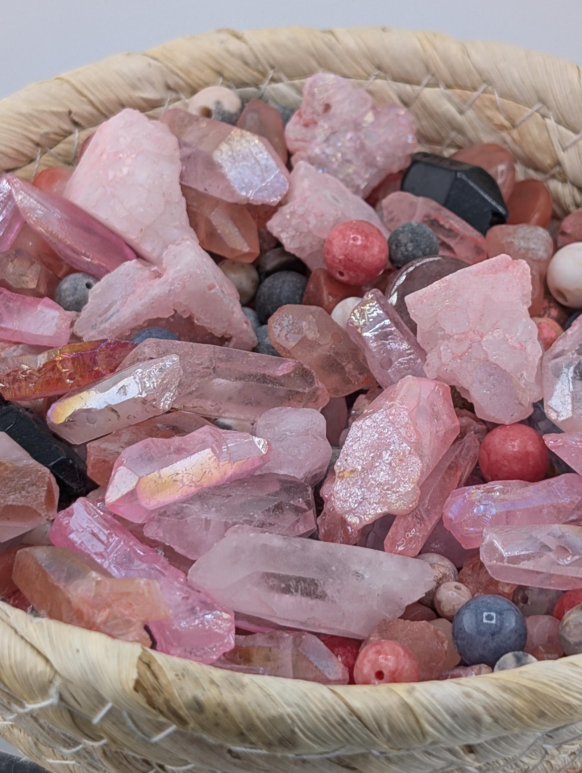 Exclusive "Black Tie Bubblegum" Cherry Quartz Gemstone Bead Mix: 2 oz Natural Stone Craft Supply