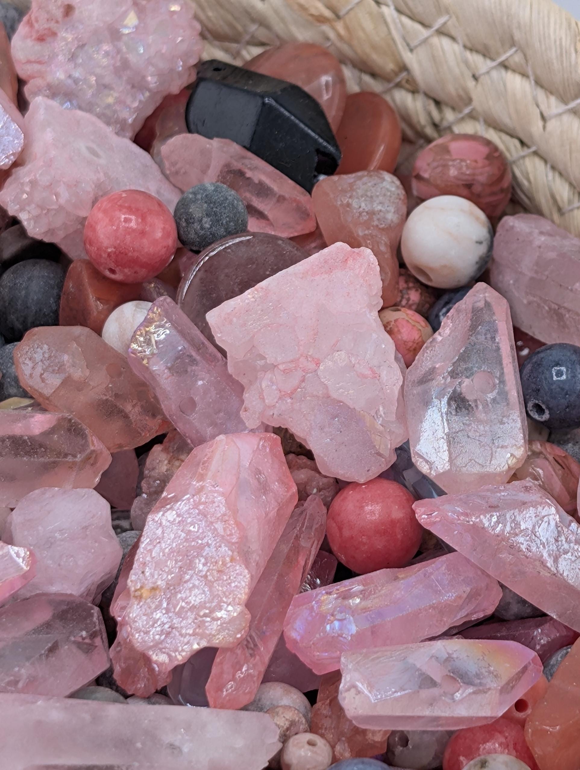 Exclusive "Black Tie Bubblegum" Cherry Quartz Gemstone Bead Mix: 2 oz Natural Stone Craft Supply