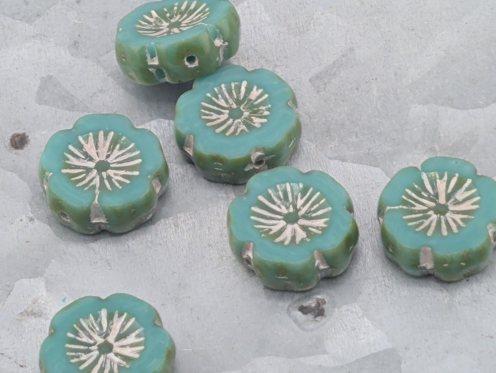 Czech Glass Hibiscus Flower Beads Boho Jewelry Making Supply 14mm Picasso Turq (6pcs))