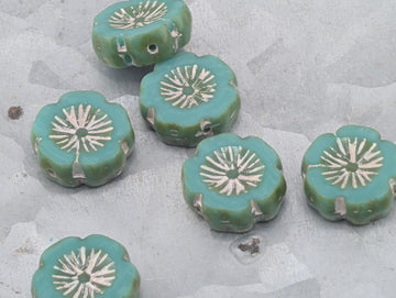 Czech Glass Hibiscus Flower Beads Boho Jewelry Making Supply 14mm Picasso Turq (6pcs))