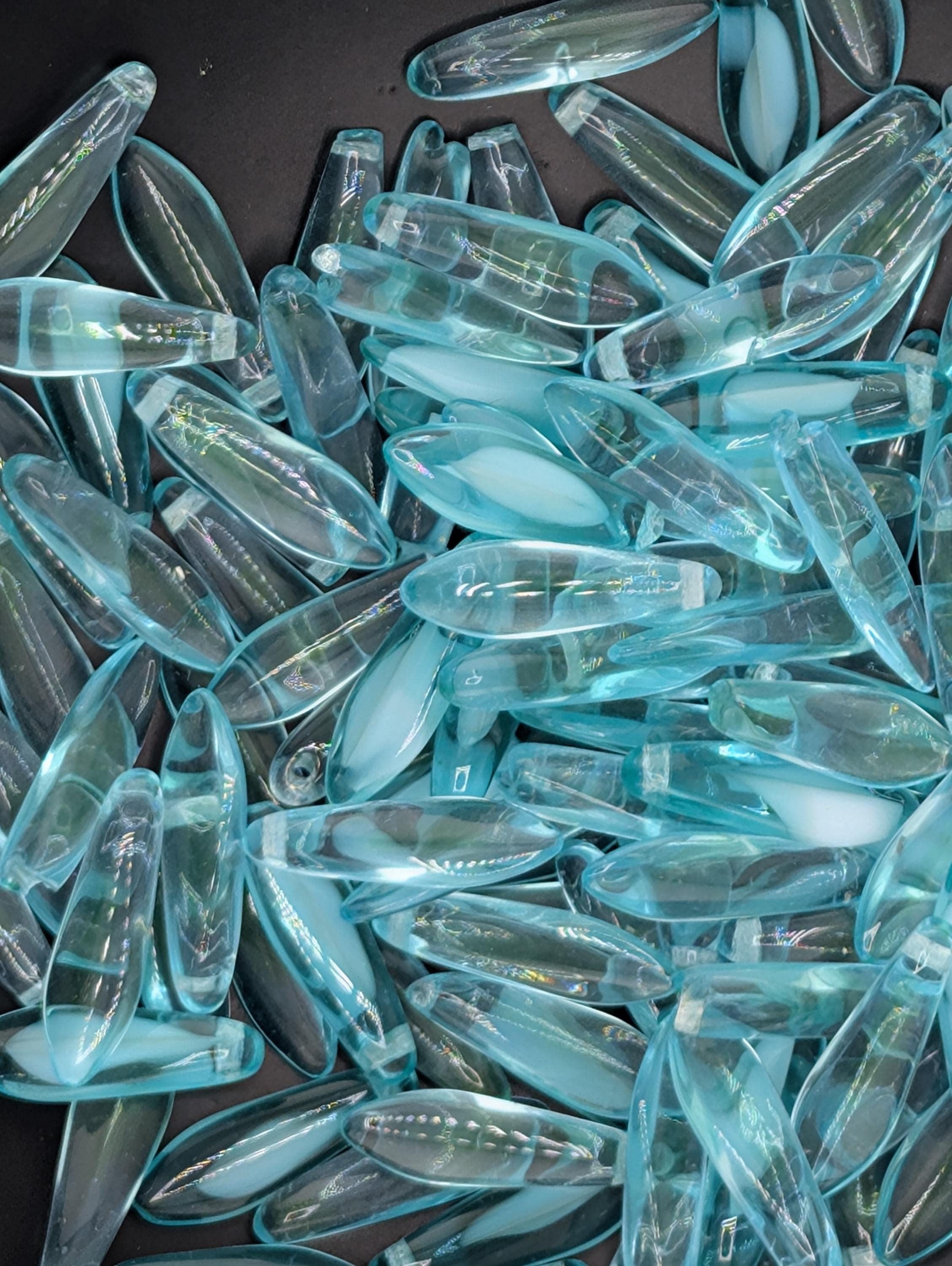 Czech Dagger Beads, Glass Dagger Beads, Unique Craft Supply, Vintage Boho Style, 25pcs Pack for Jewelry Making: Aqua & White