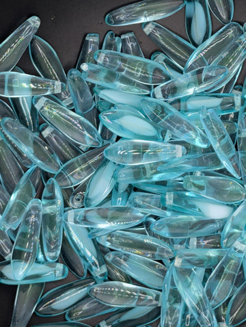 Czech Dagger Beads, Glass Dagger Beads, Unique Craft Supply, Vintage Boho Style, 25pcs Pack for Jewelry Making: Aqua & White
