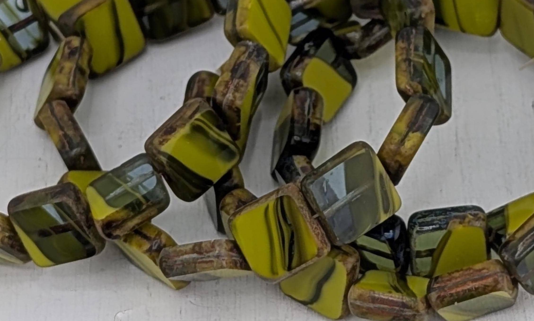 10mm Czech Glass Table Cut Square Swirl Beads | Boho Jewelry Making Supply | Tile-Shaped Craft Beads | Chartreuse Swirl | 15 pcs