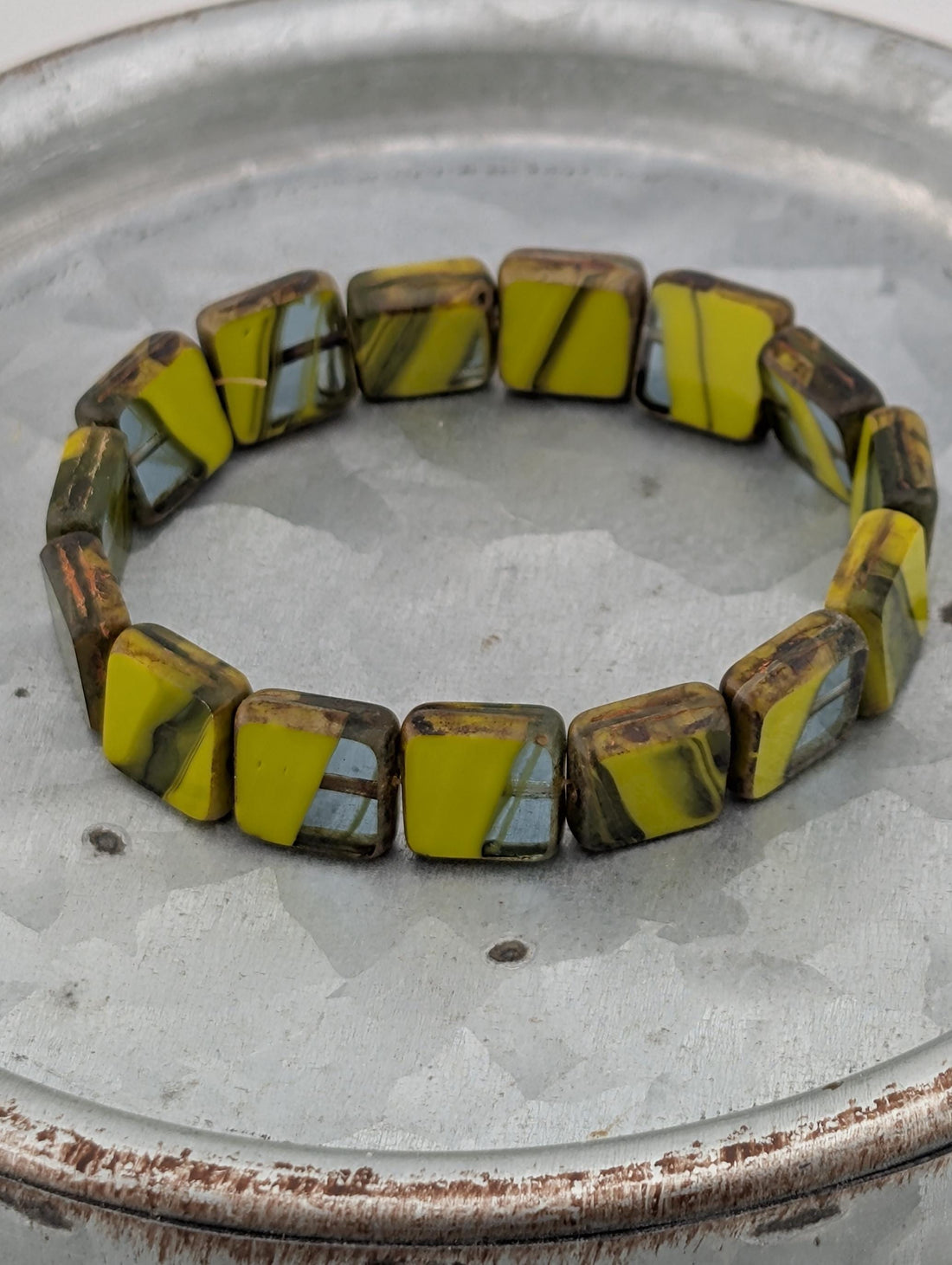 10mm Czech Glass Table Cut Square Swirl Beads | Boho Jewelry Making Supply | Tile-Shaped Craft Beads | Chartreuse Swirl | 15 pcs