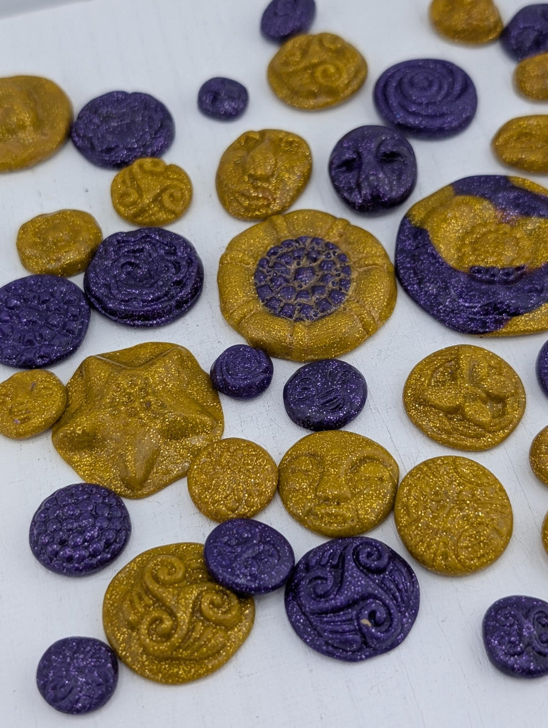 Handmade Polymer Clay Faces: Colorful Gold and Purple Art Doll Supplies 45 pcs