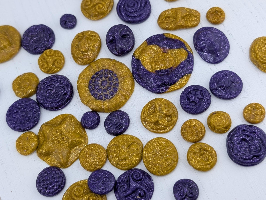 Handmade Polymer Clay Faces: Colorful Gold and Purple Art Doll Supplies 45 pcs